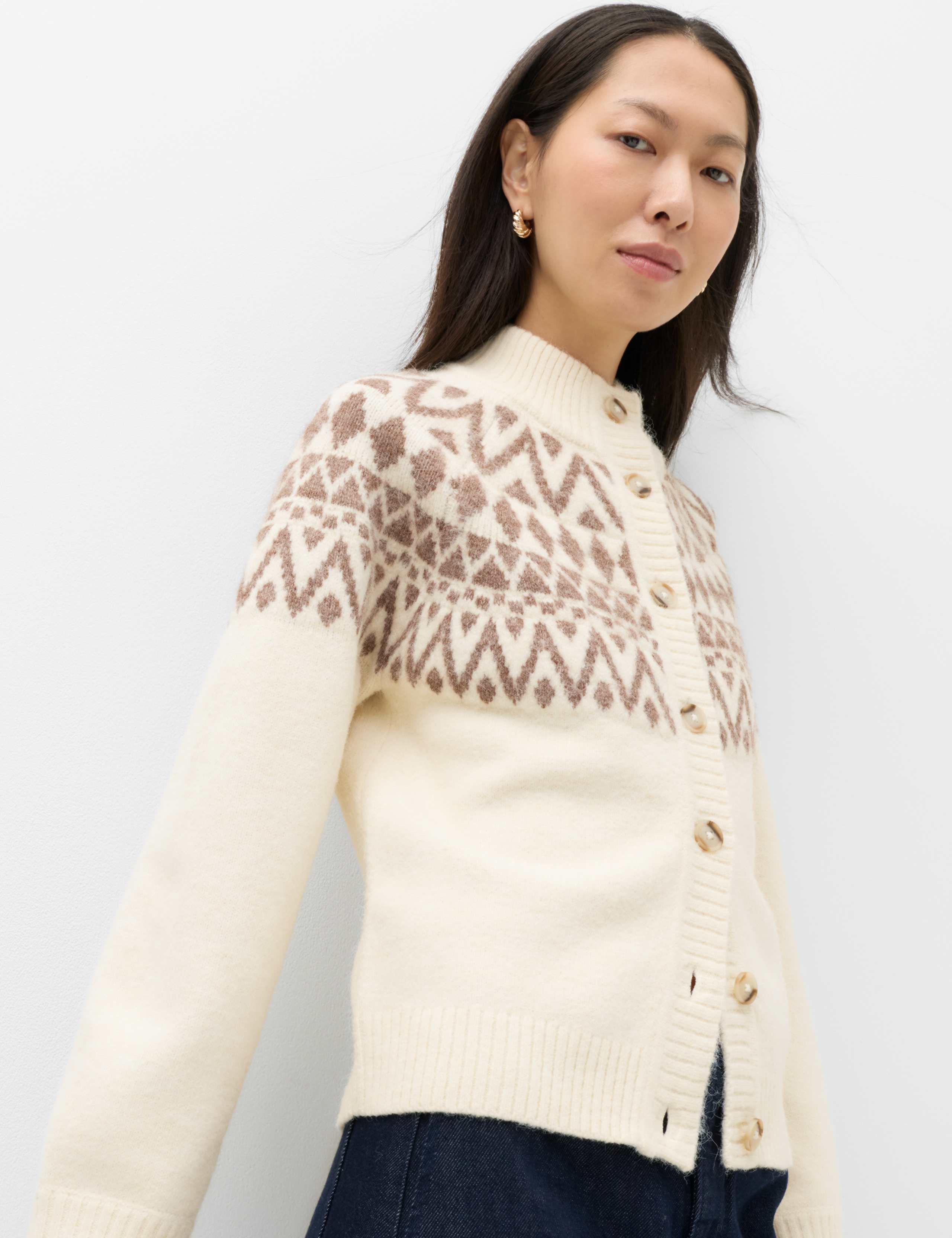 Fair Isle Funnel Neck Button Front Slim Fit Cardigan with Wool