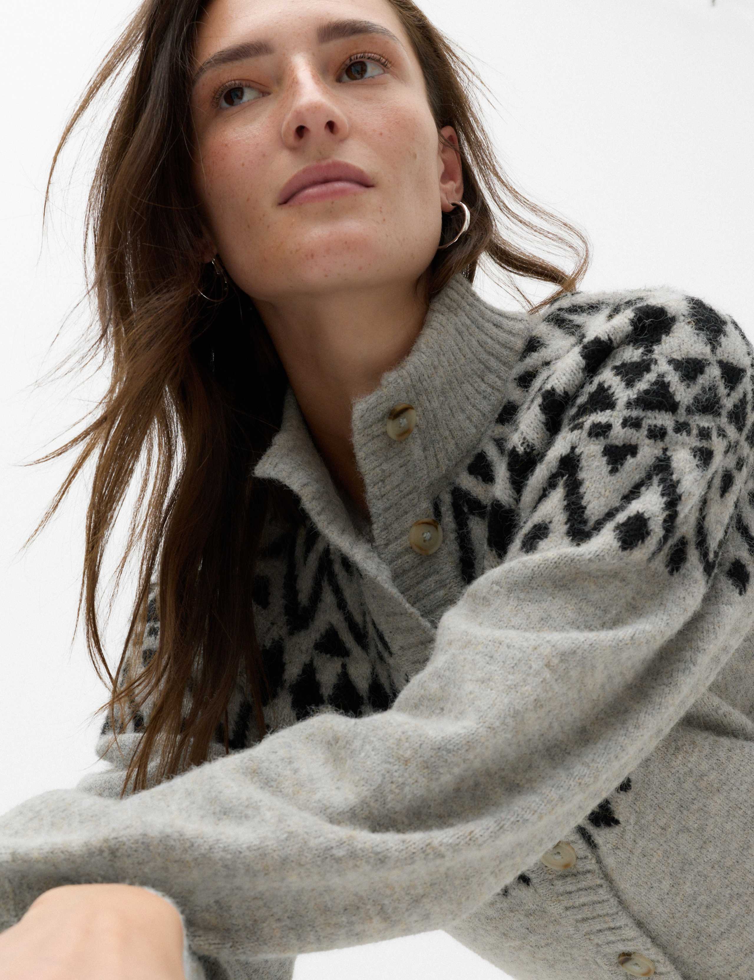 Fair Isle Funnel Neck Button Front Slim Fit Cardigan with Wool