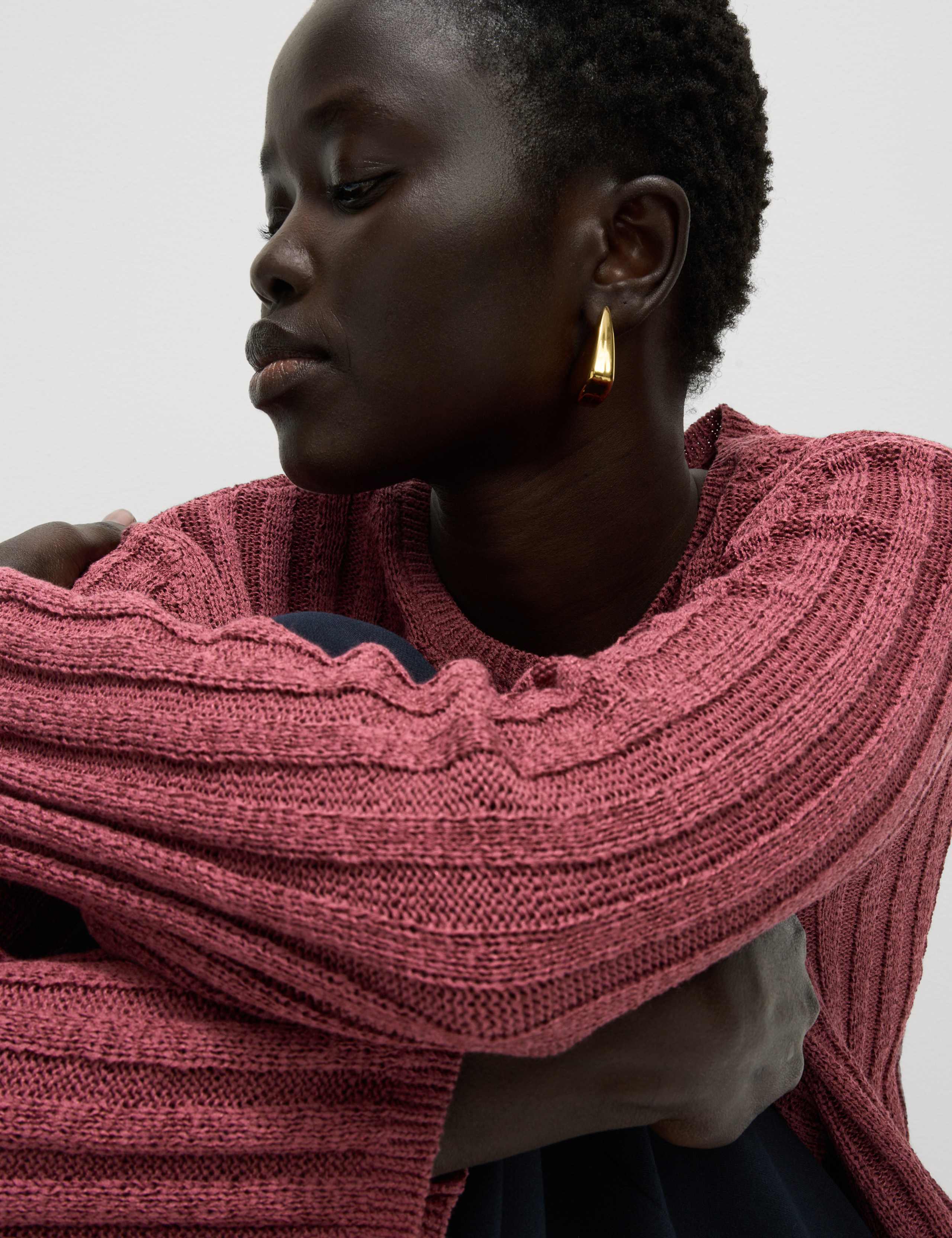 Cotton Blend Ribbed Crew Neck Jumper