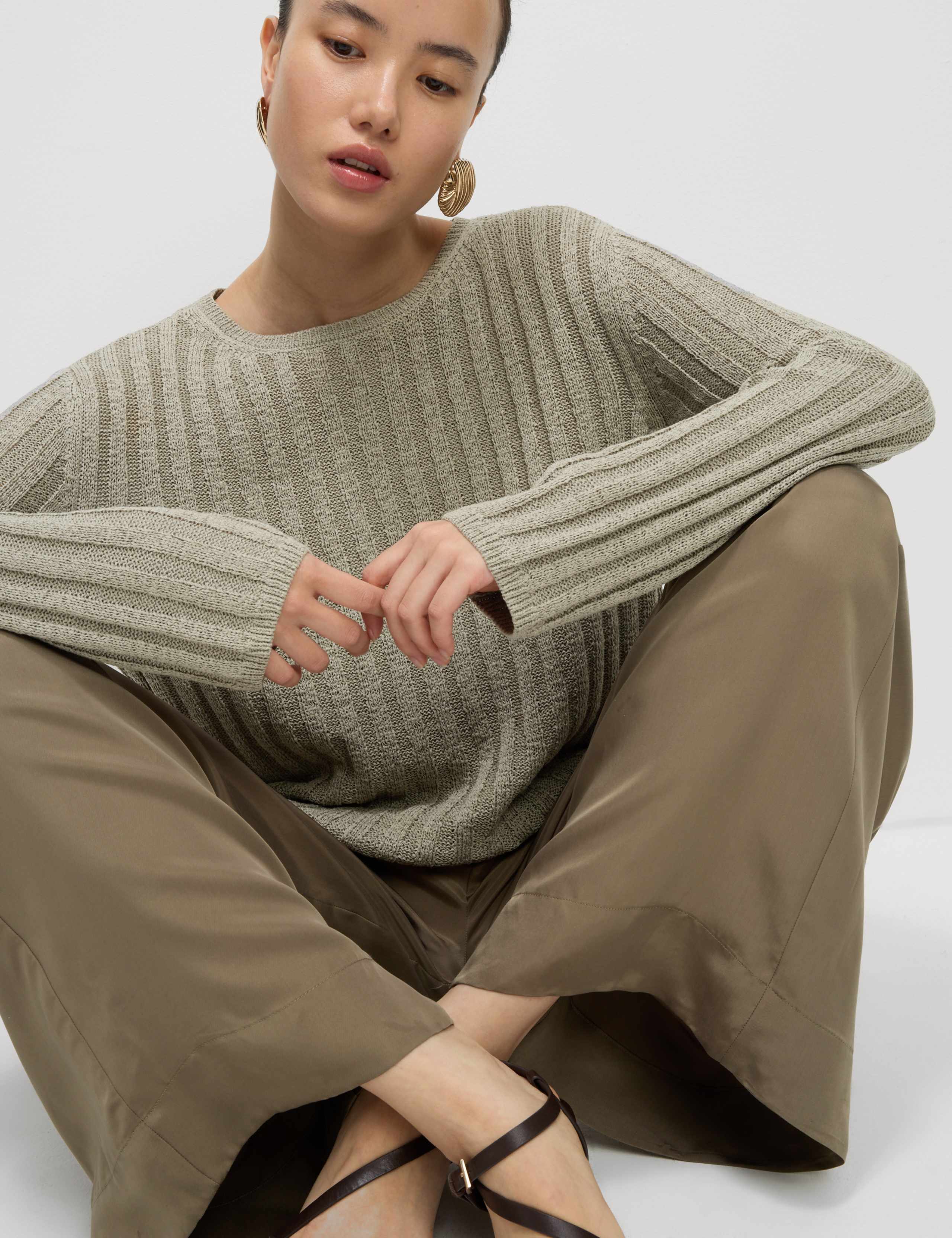 Cotton Blend Ribbed Crew Neck Jumper