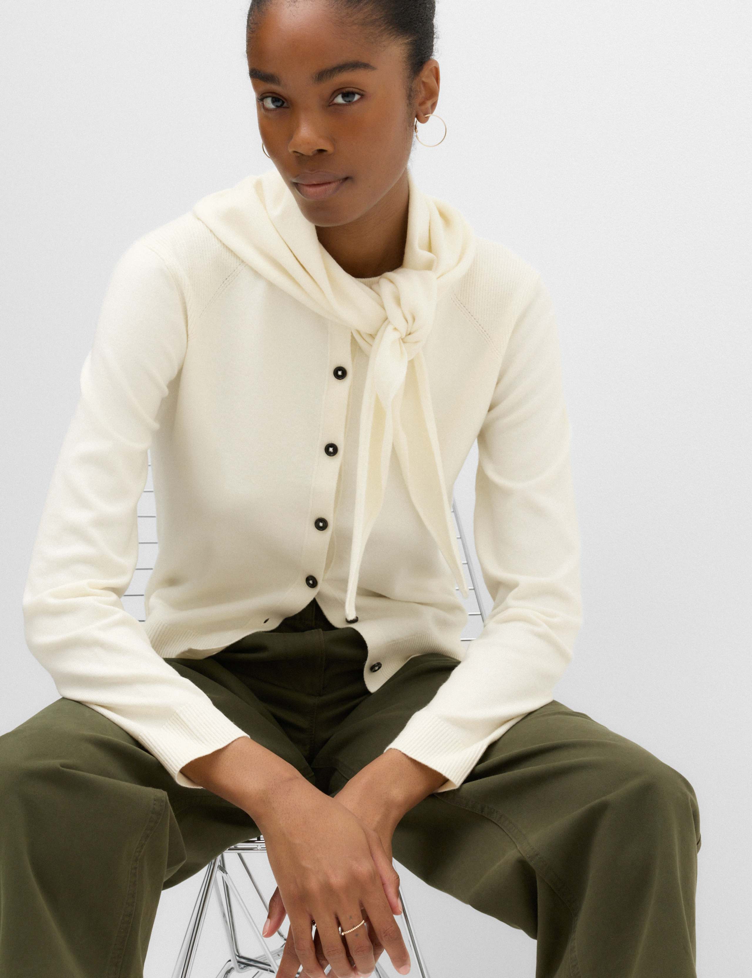 Air-Yarn Scarf Neck Button Through Cardigan