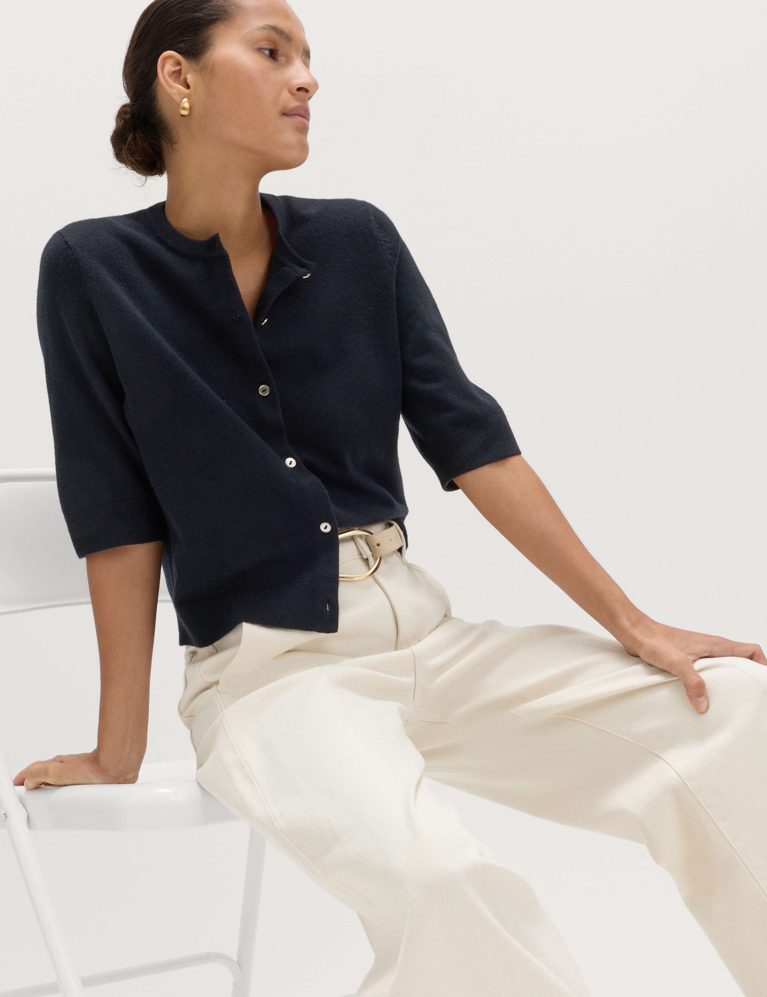 Air-Yarn Button Front Short Sleeve Cropped Cardigan