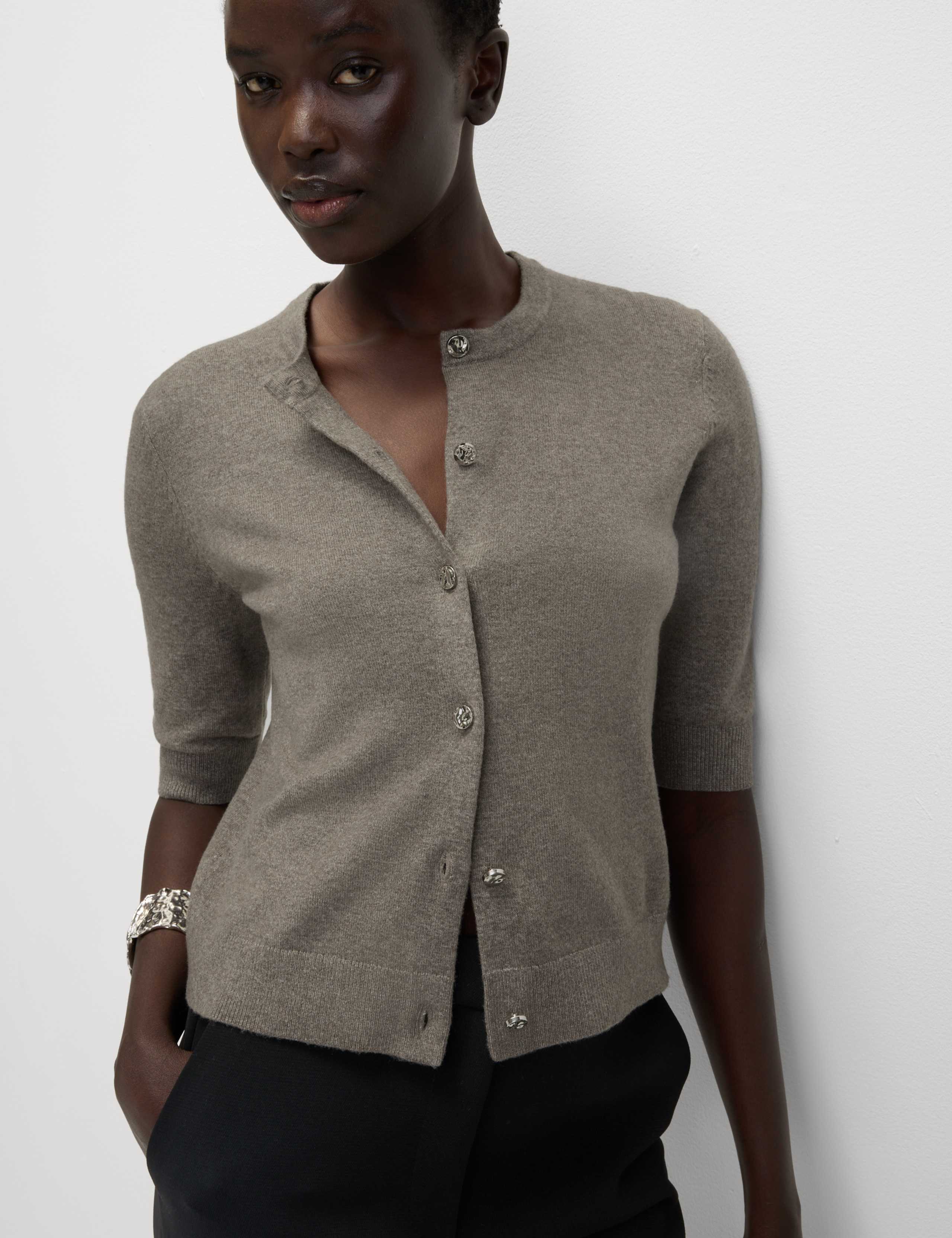 Air-Yarn Button Front Short Sleeve Cropped Cardigan