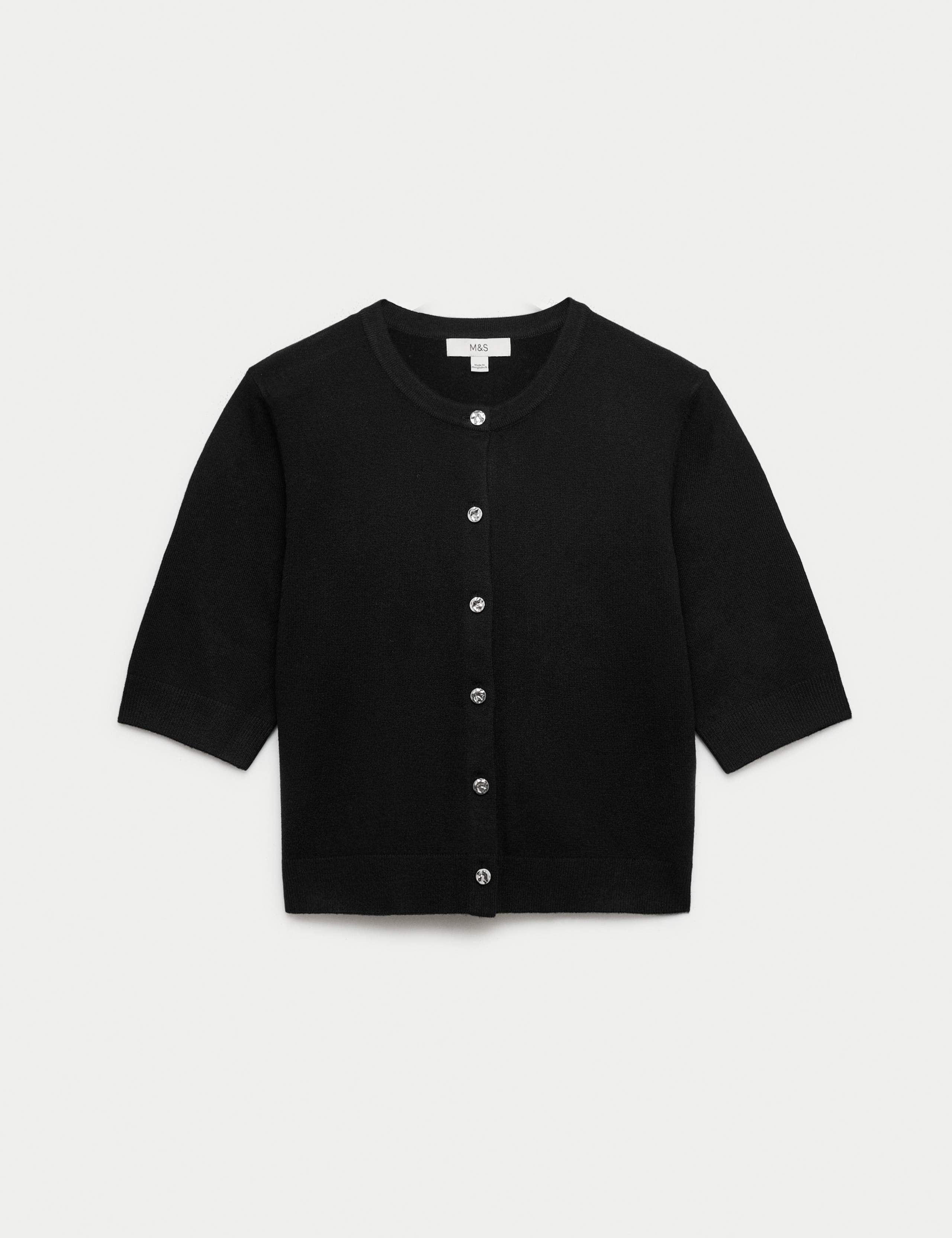 Air-Yarn Button Front Short Sleeve Cropped Cardigan
