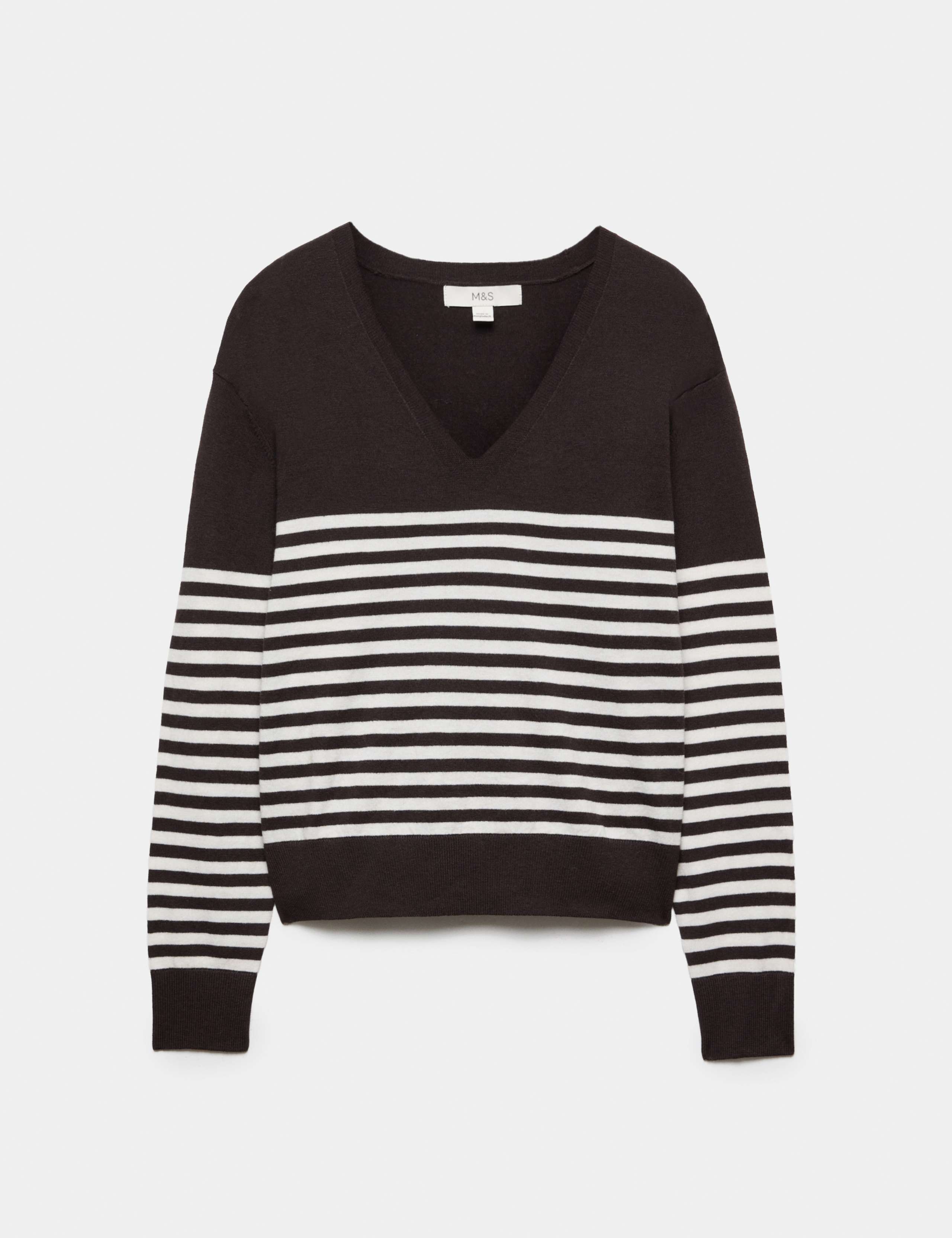 Striped V Neck Relaxed Jumper with Wool