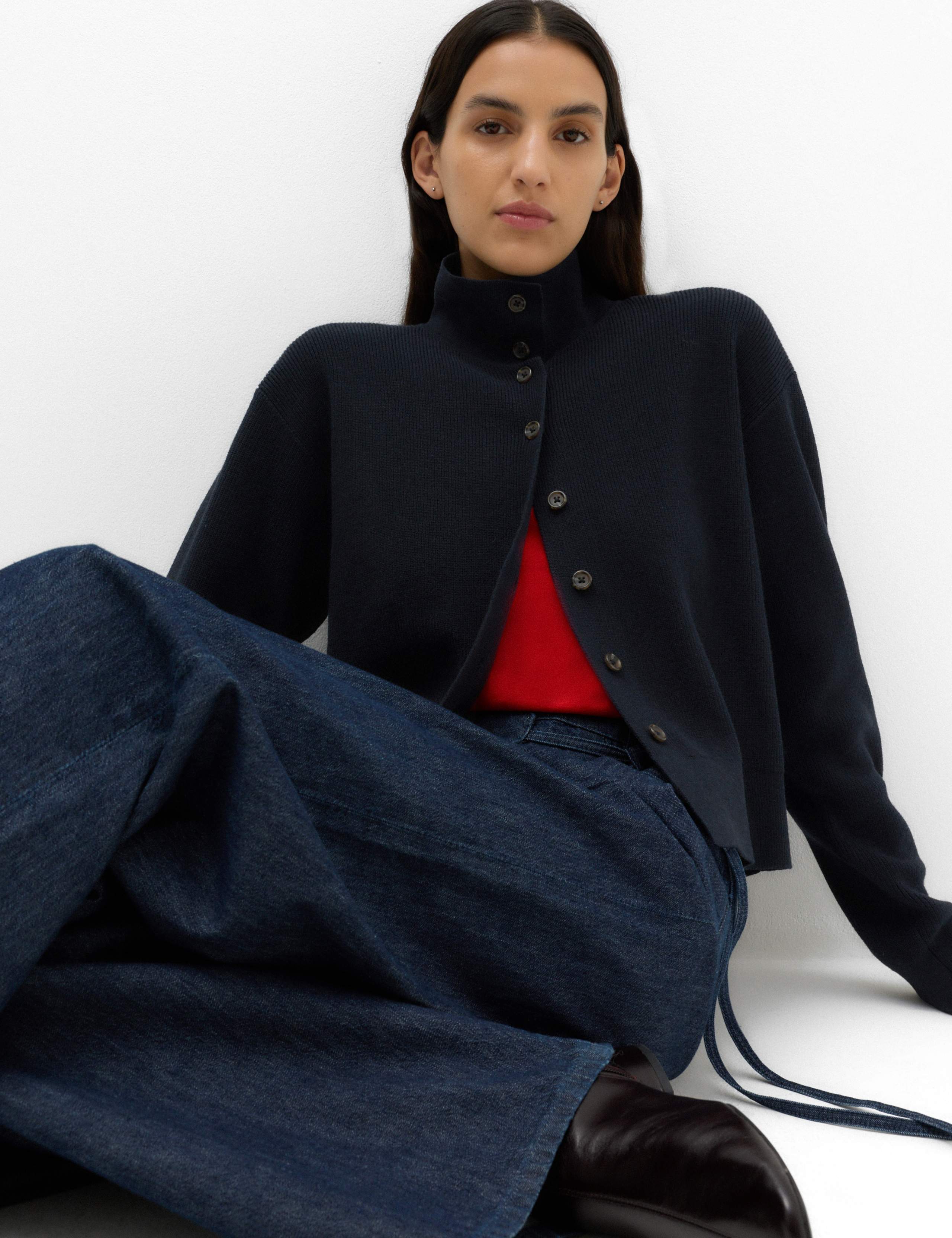 Ribbed Collared Button Through Knitted Jacket with Wool
