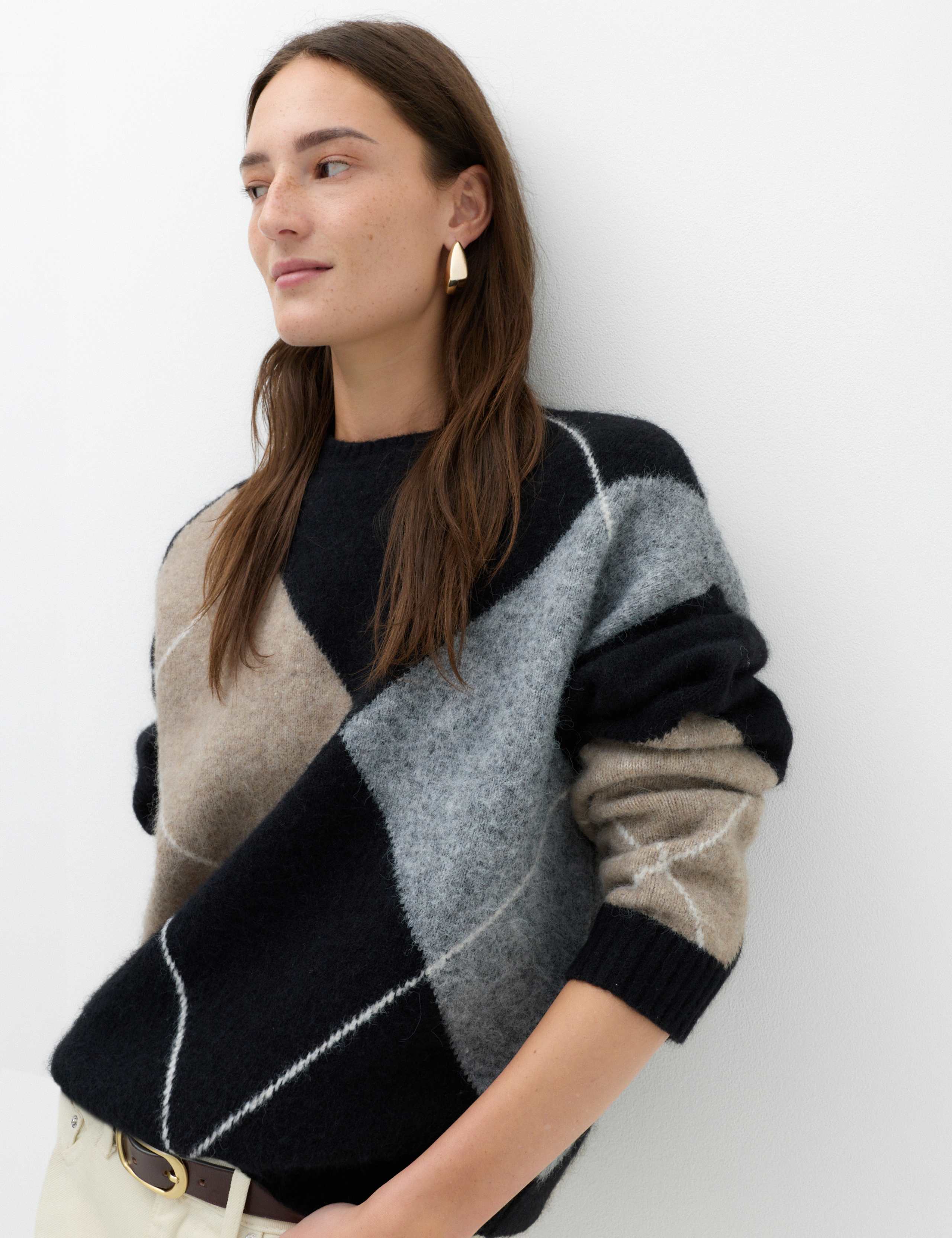 Argyle Crew Neck Relaxed Fit Jumper with Wool