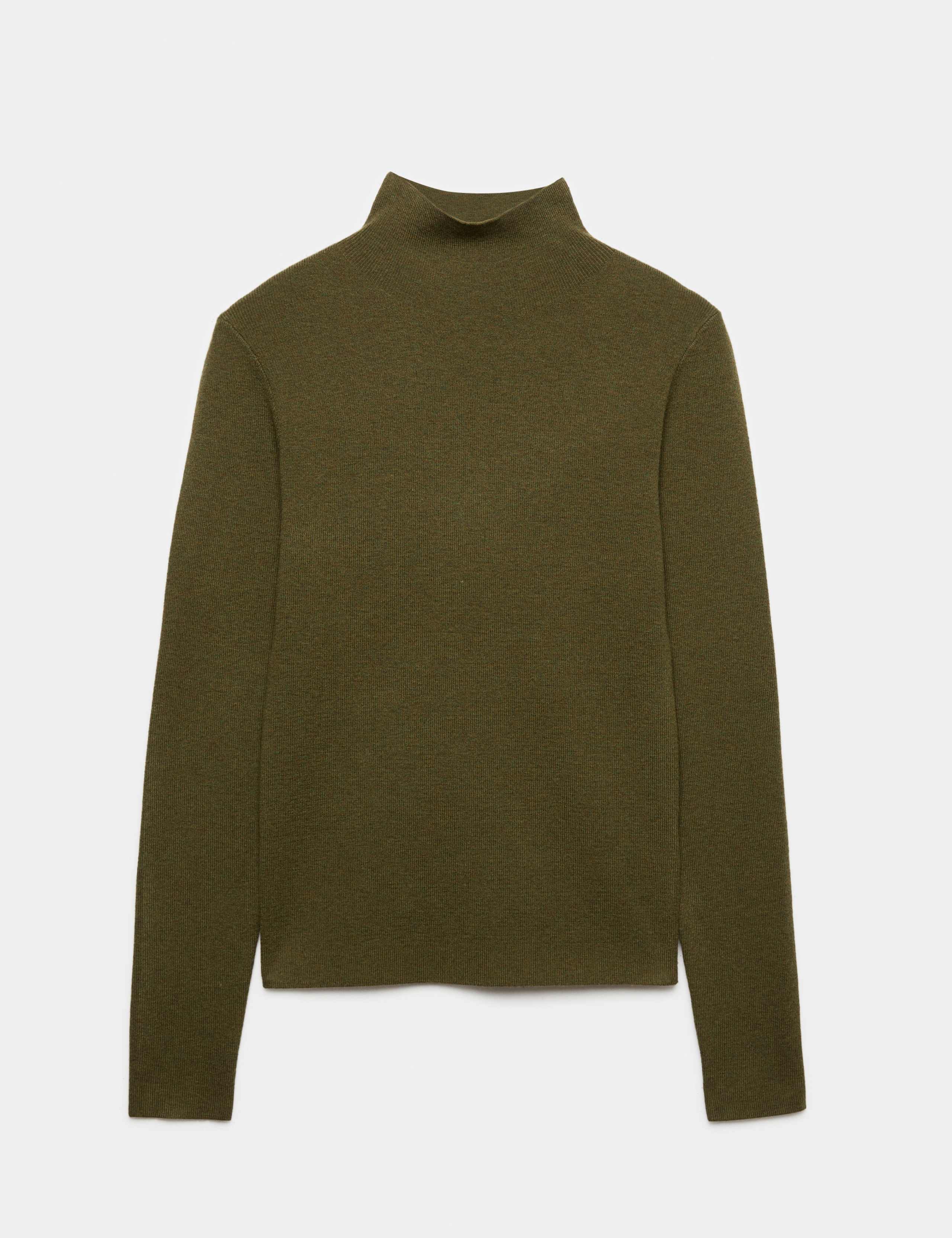 Funnel Neck Fitted Knitted Top With Wool