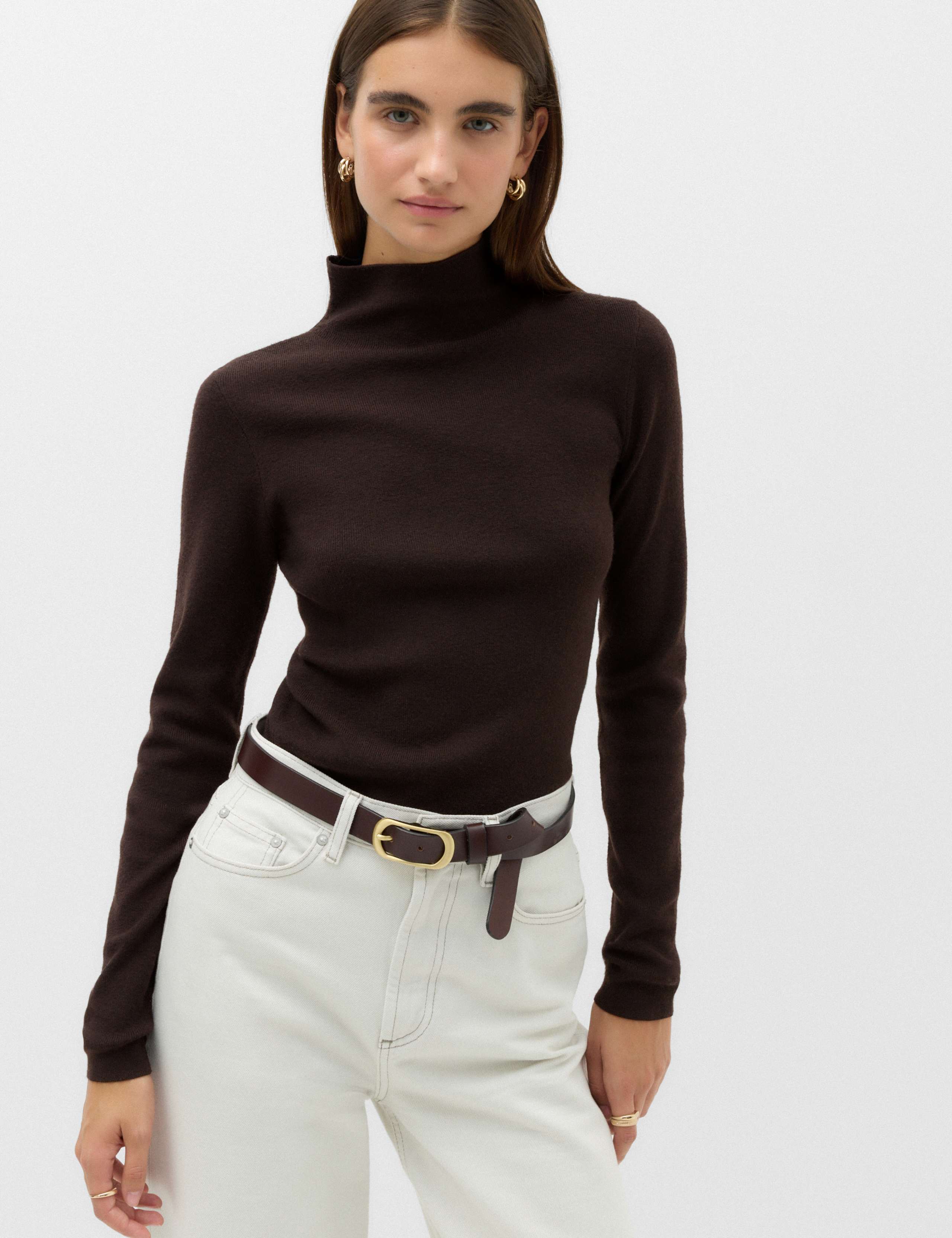Funnel Neck Fitted Knitted Top With Wool