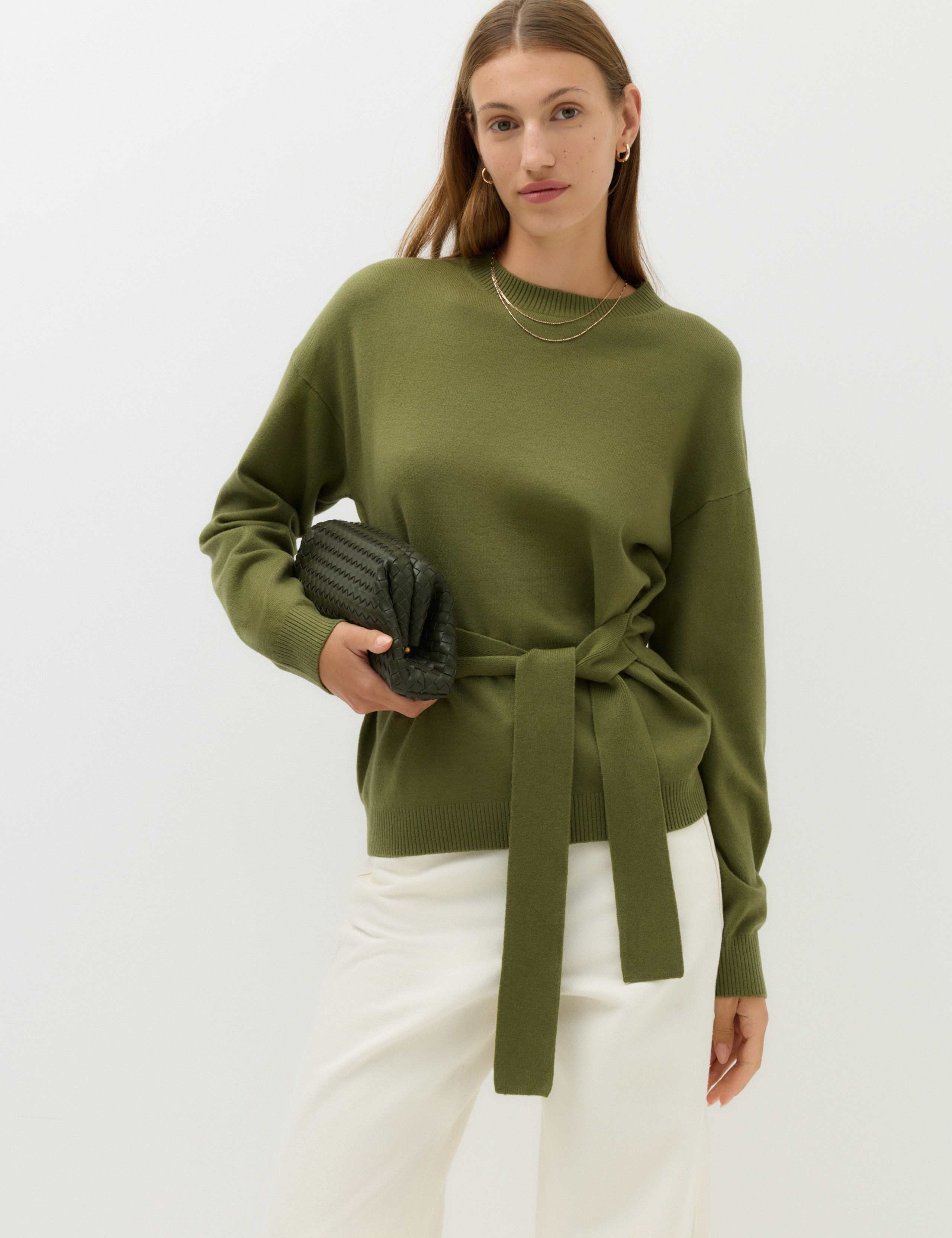 Tie Front Crew Neck Relaxed Jumper