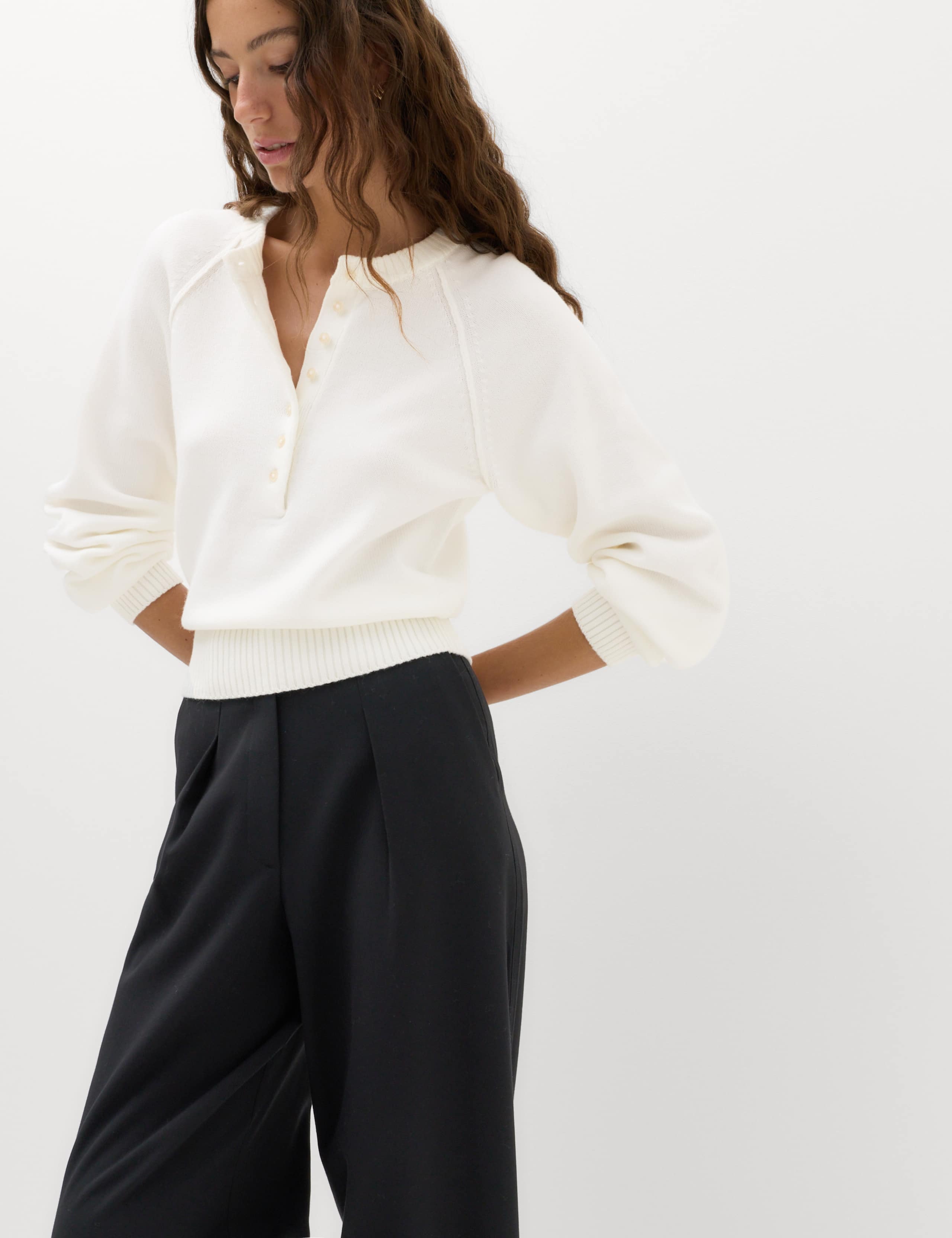 Crew Neck Button Detail Jumper with Wool