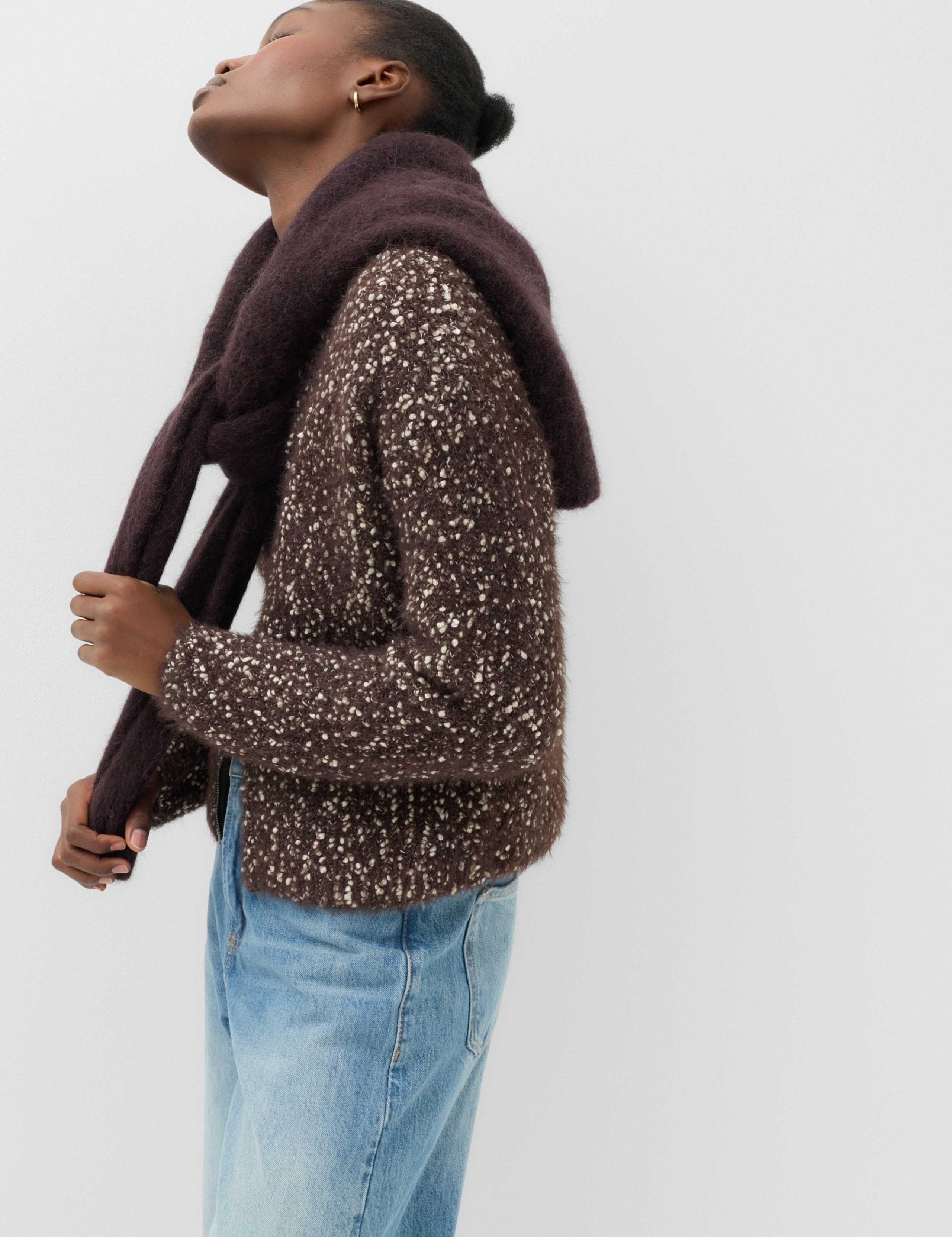 Cotton Blend Boucle Funnel Neck Knitted Jacket