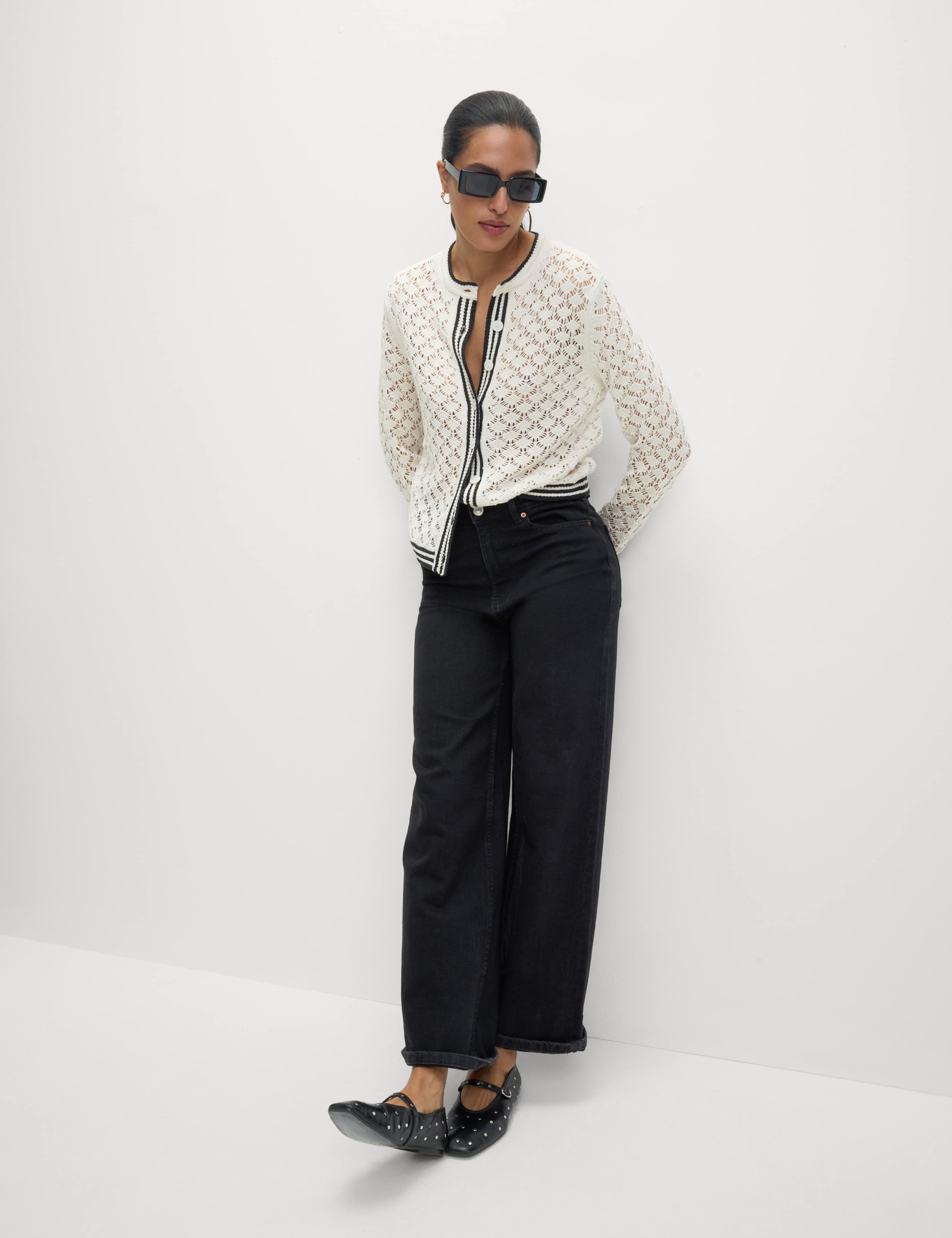 Pointelle Crew Neck Tipped Detail Button Front Cardigan