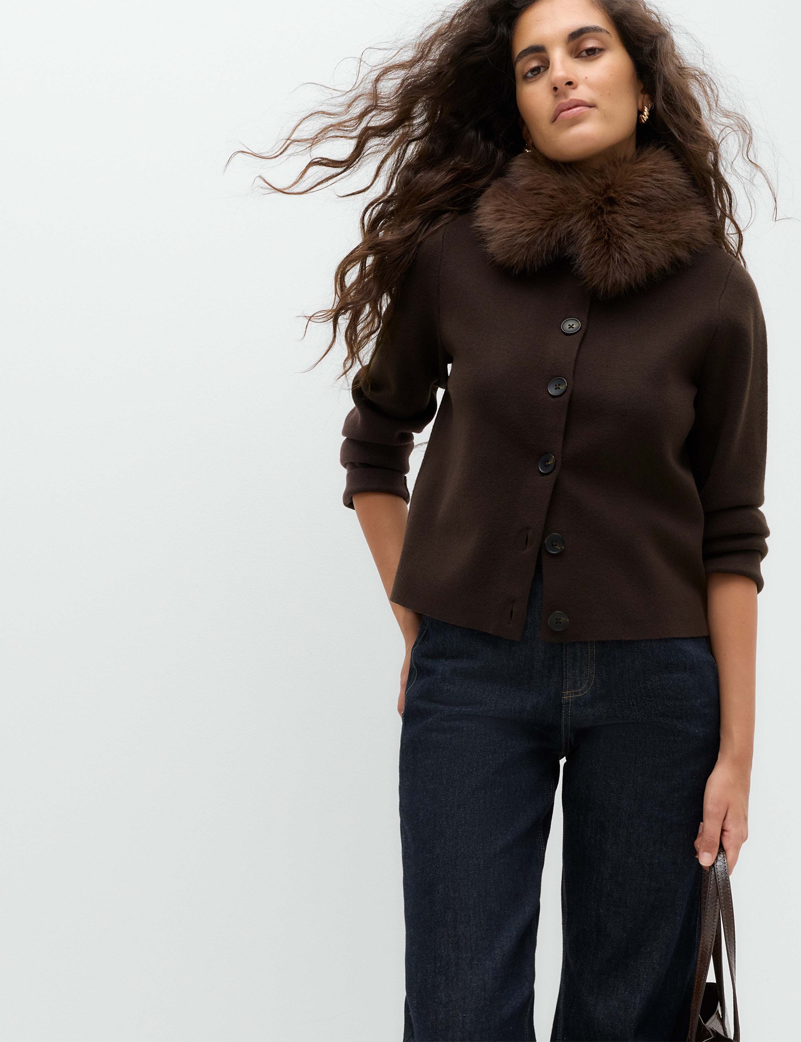 Air-Yarn Collared Faux Fur Trim Knitted Jacket