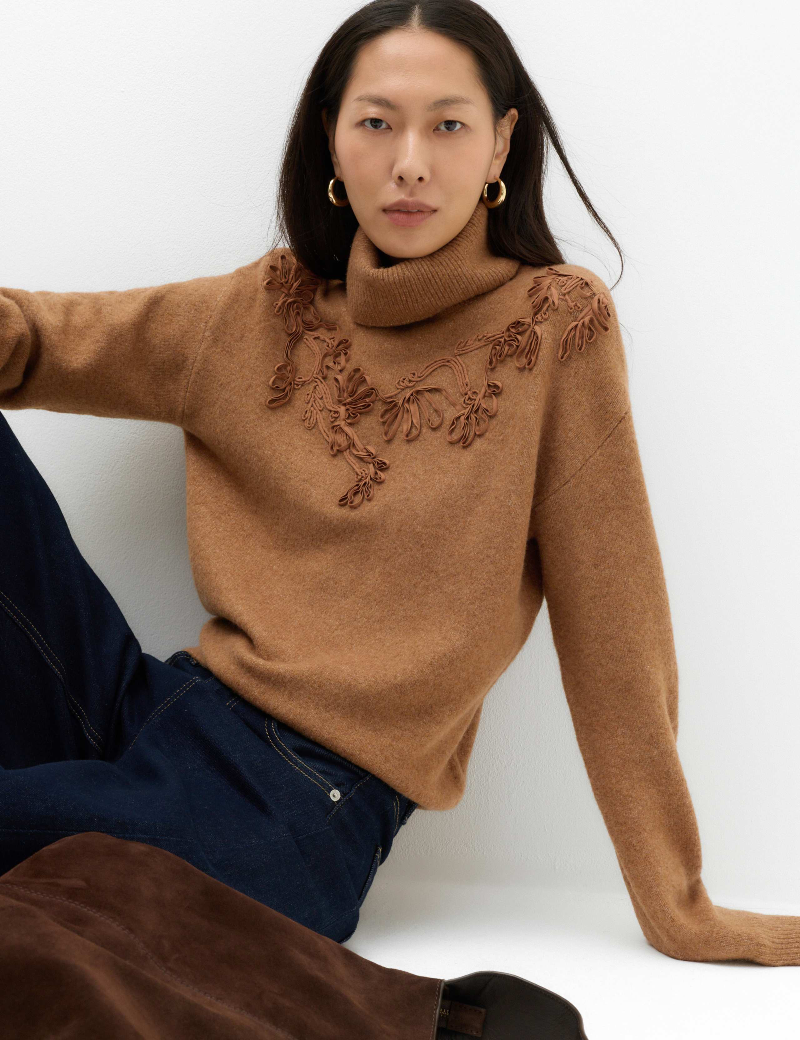 Embroidered Roll Neck Jumper with Wool