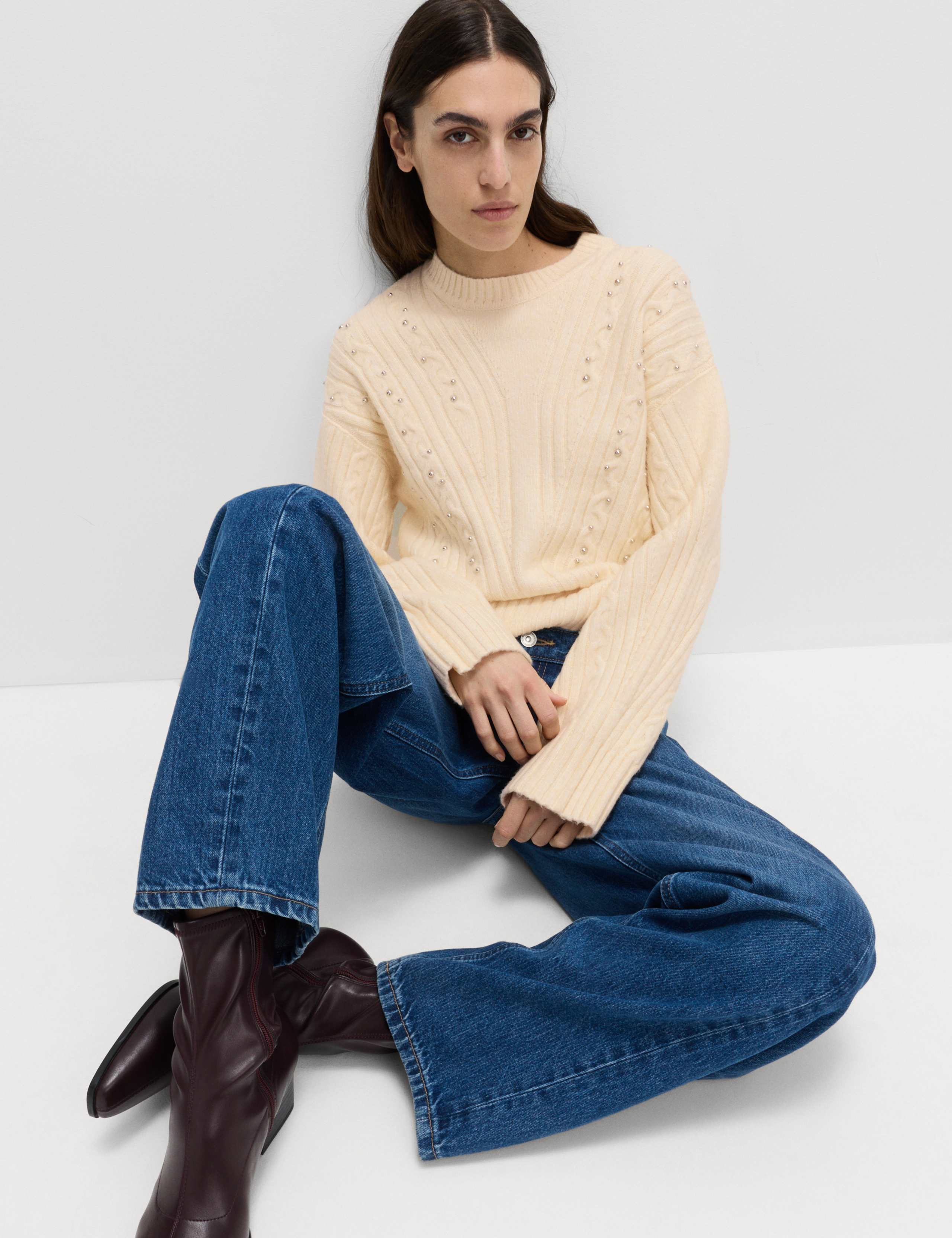 Cloud-Yarn Embellished Cable Knit Jumper