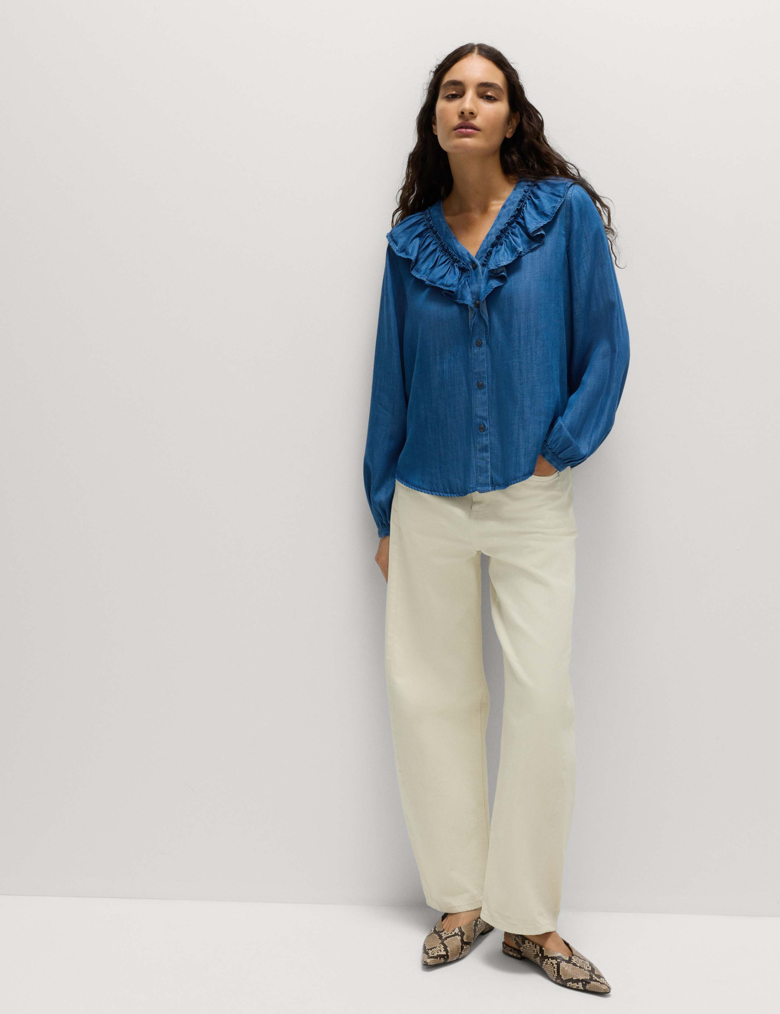 Pure Cotton V-Neck Ruffle Blouse