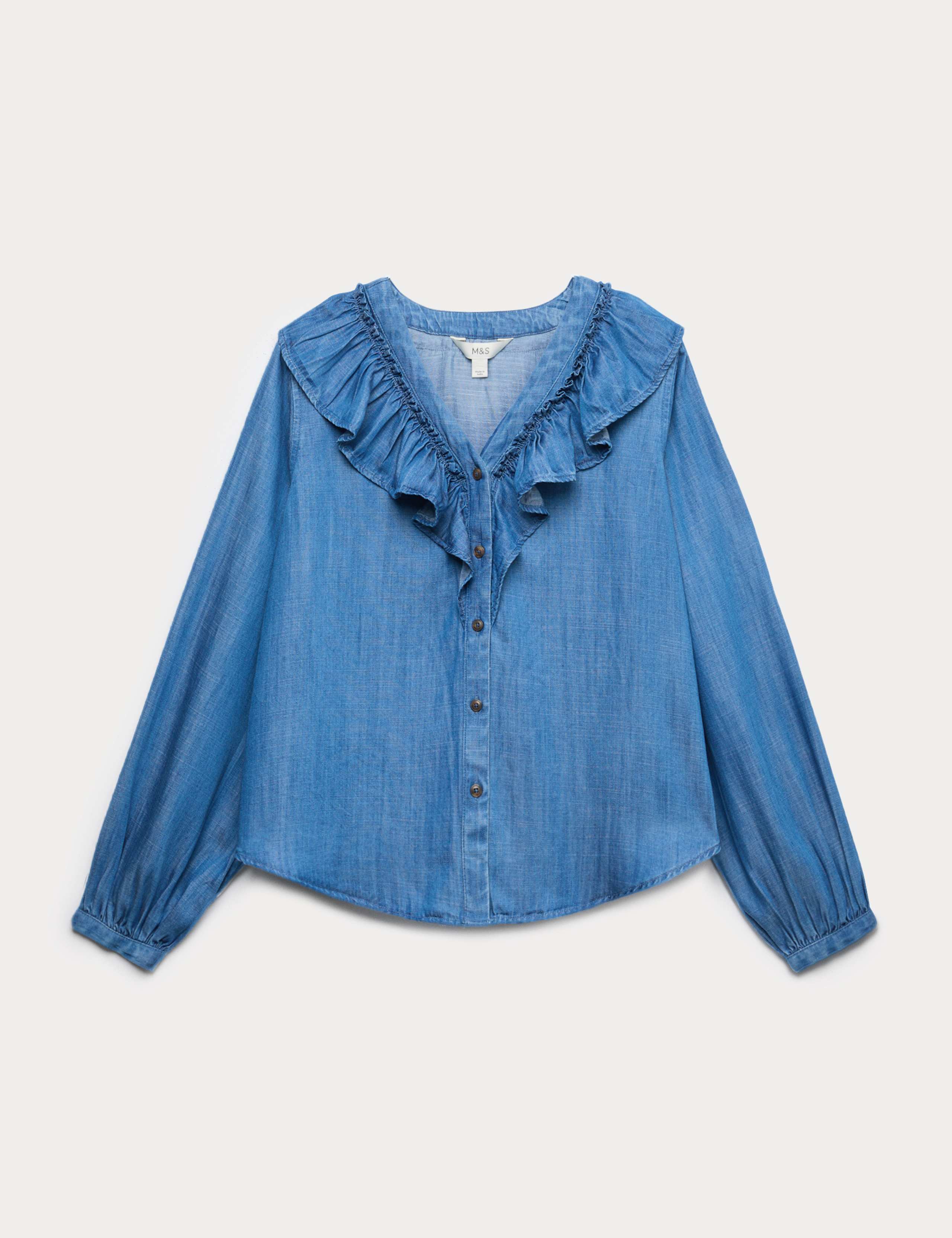 Pure Cotton V-Neck Ruffle Blouse