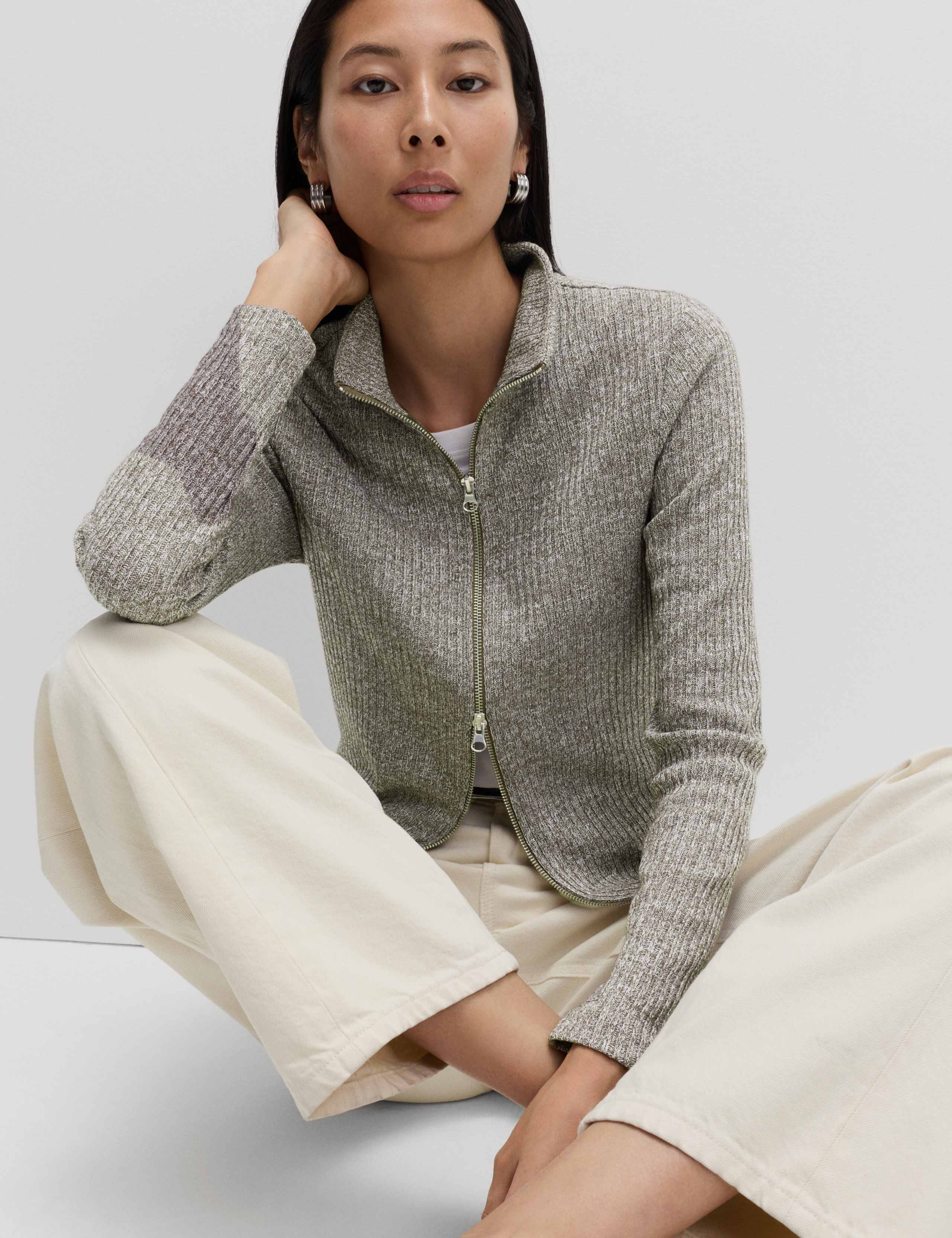 Ribbed High Neck Slim Fit Zip Up Sweatshirt