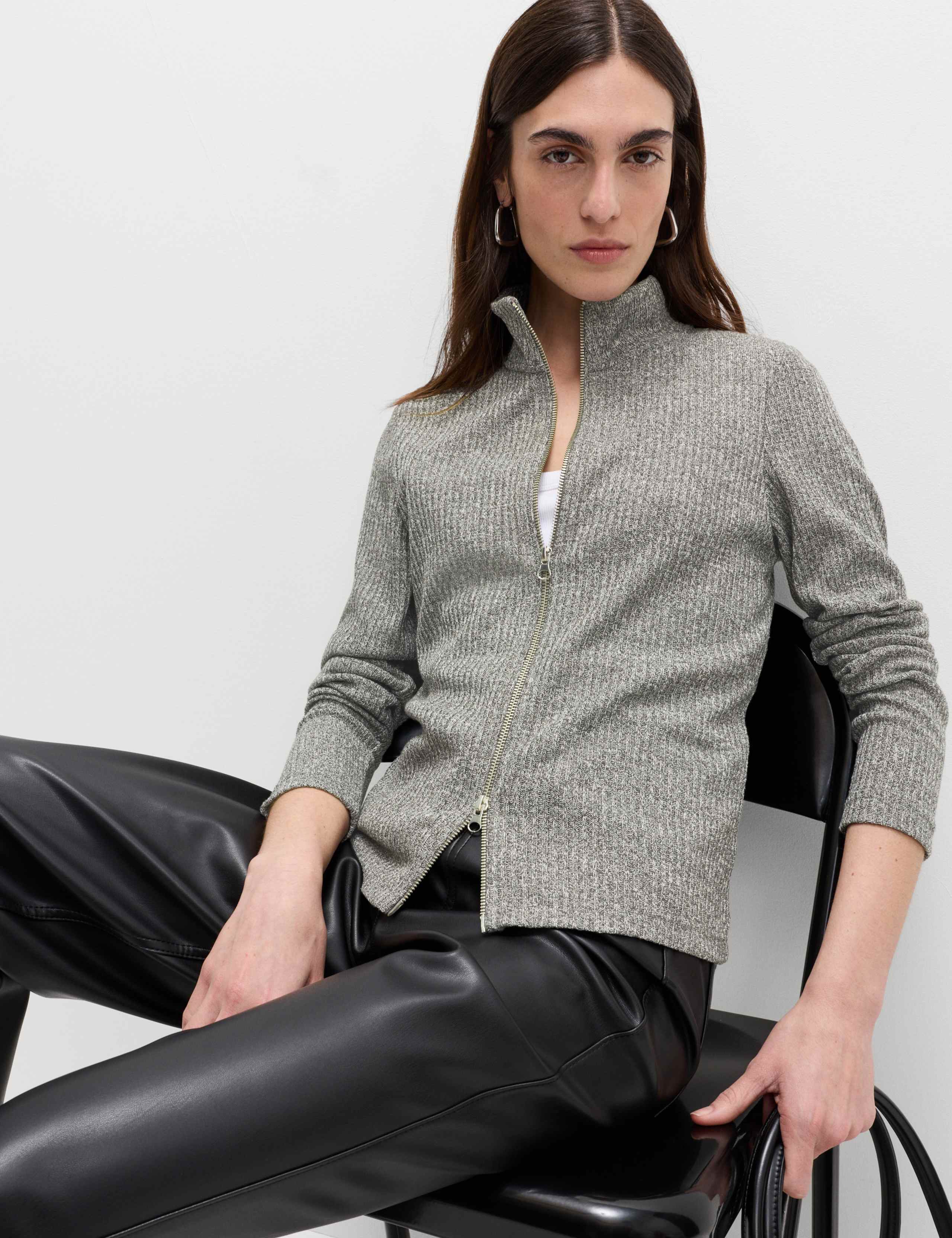 Ribbed High Neck Slim Fit Zip Up Sweatshirt