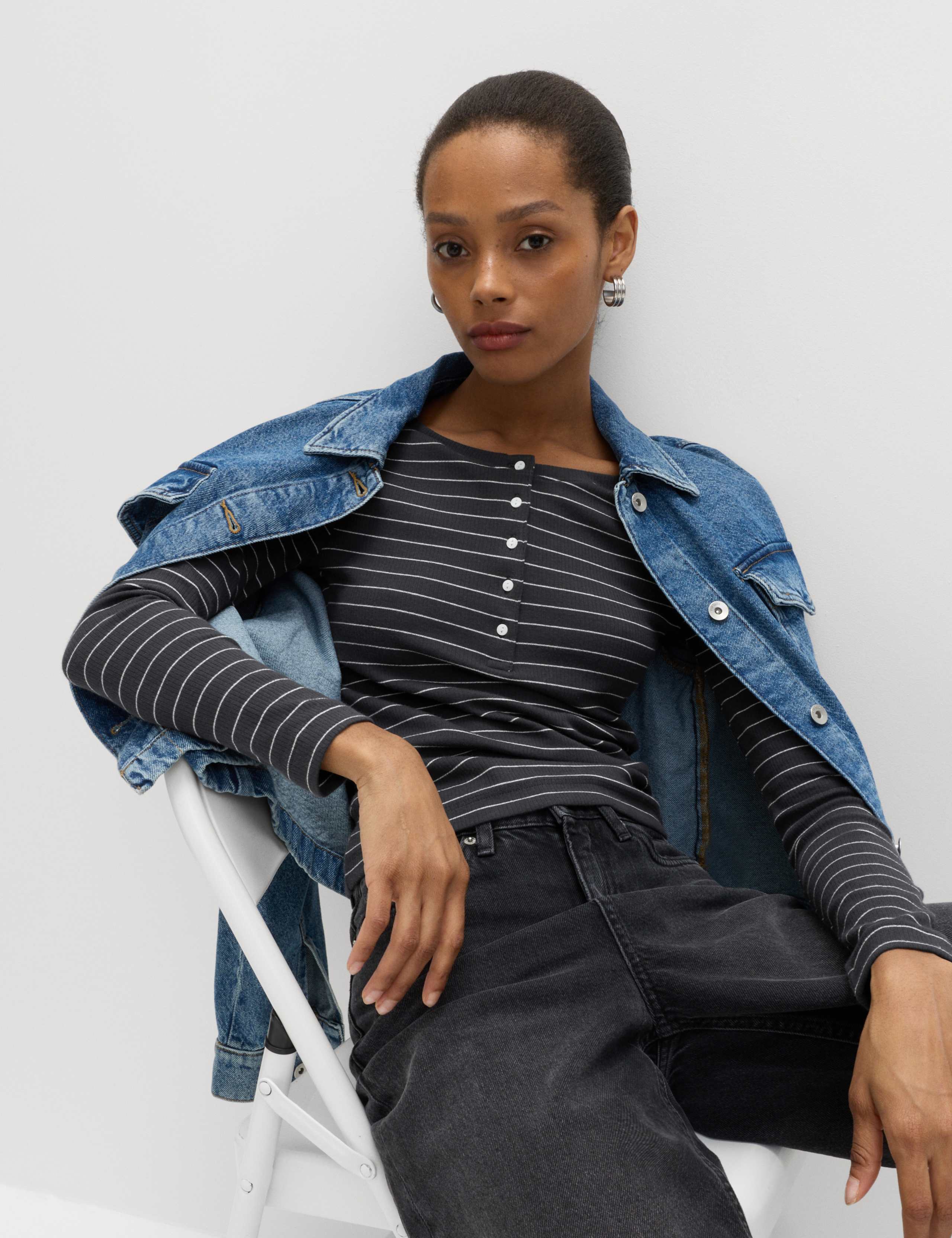 Cotton Rich Striped Long Sleeve Henley Top