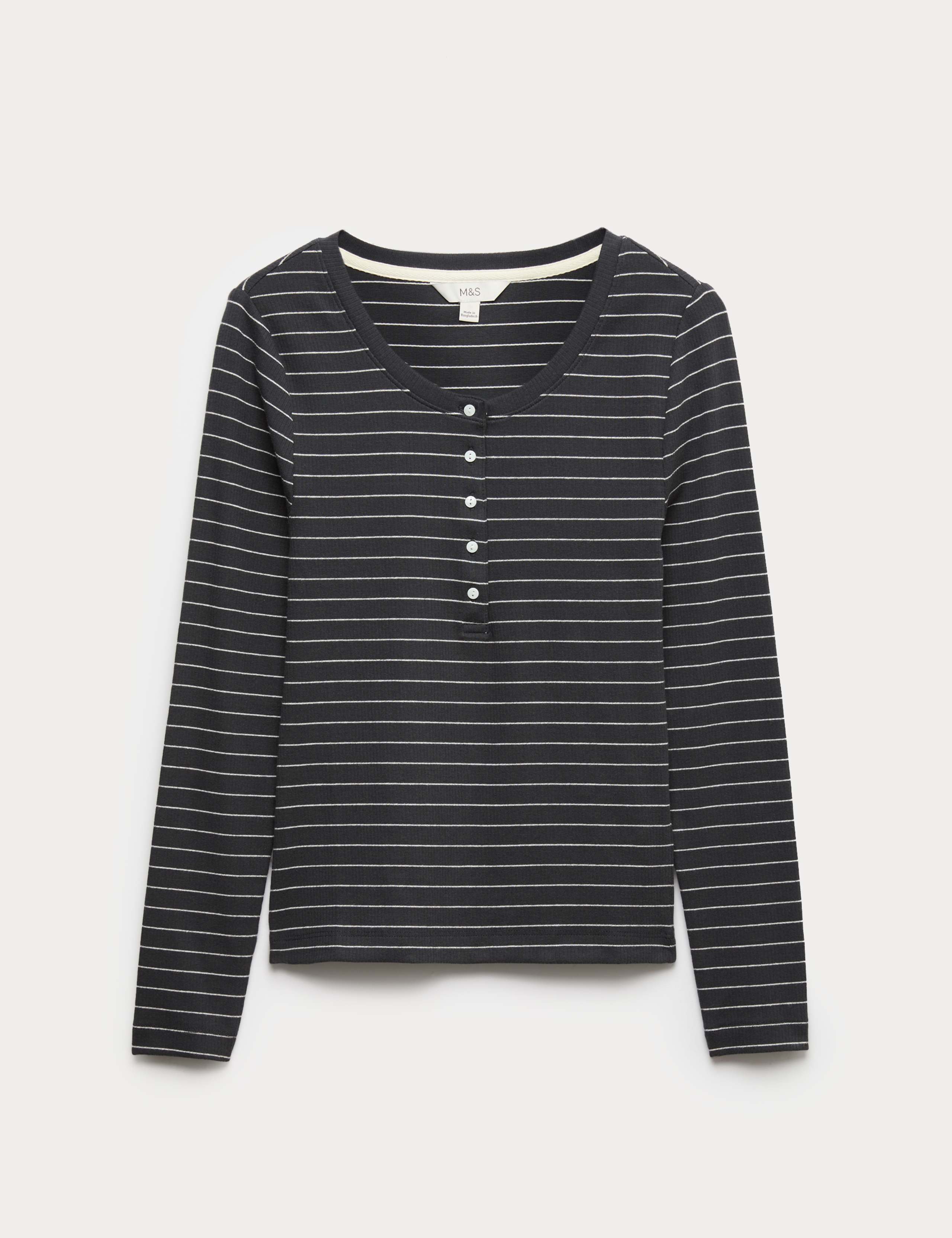 Cotton Rich Striped Long Sleeve Henley Top