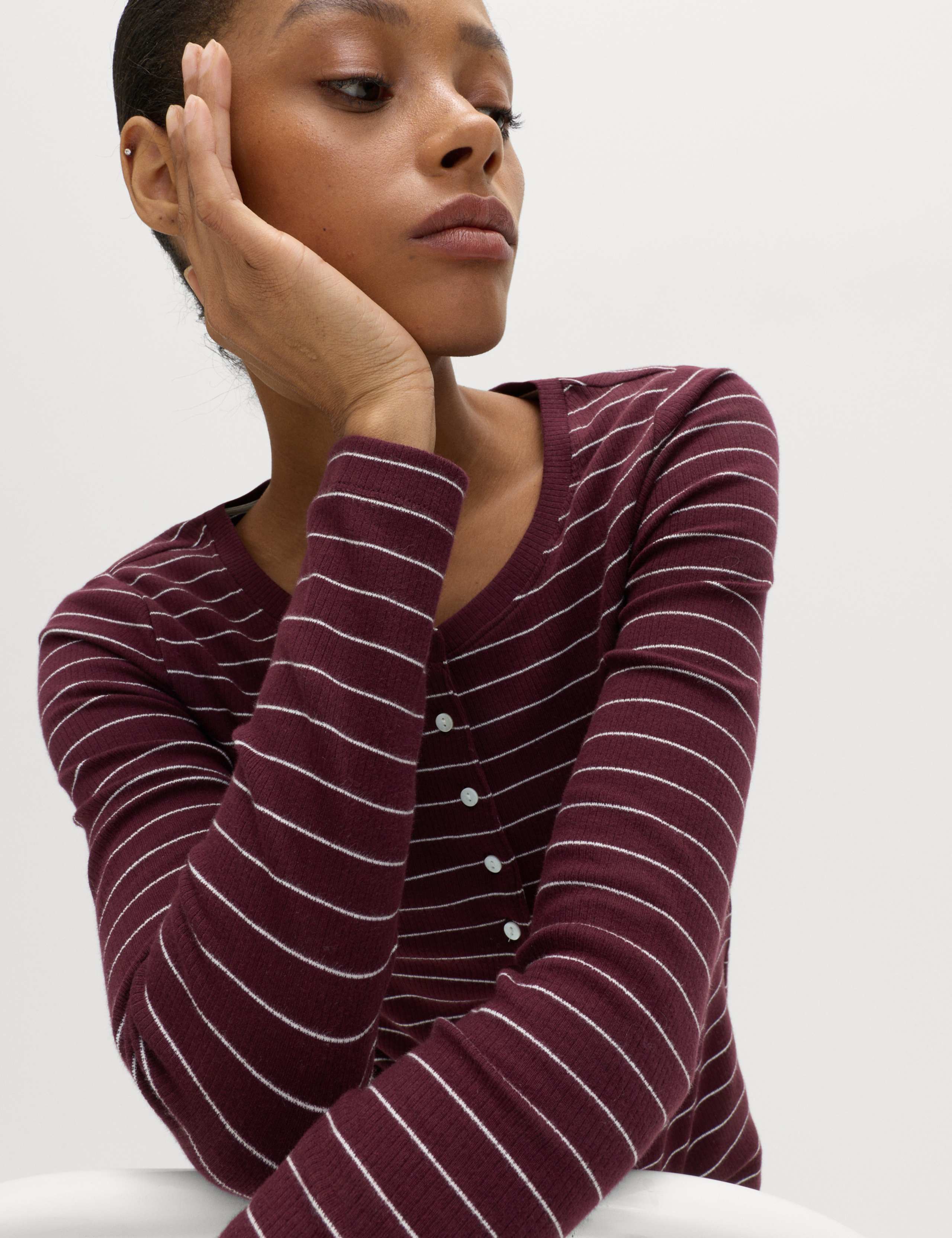 Cotton Rich Striped Long Sleeve Henley Top
