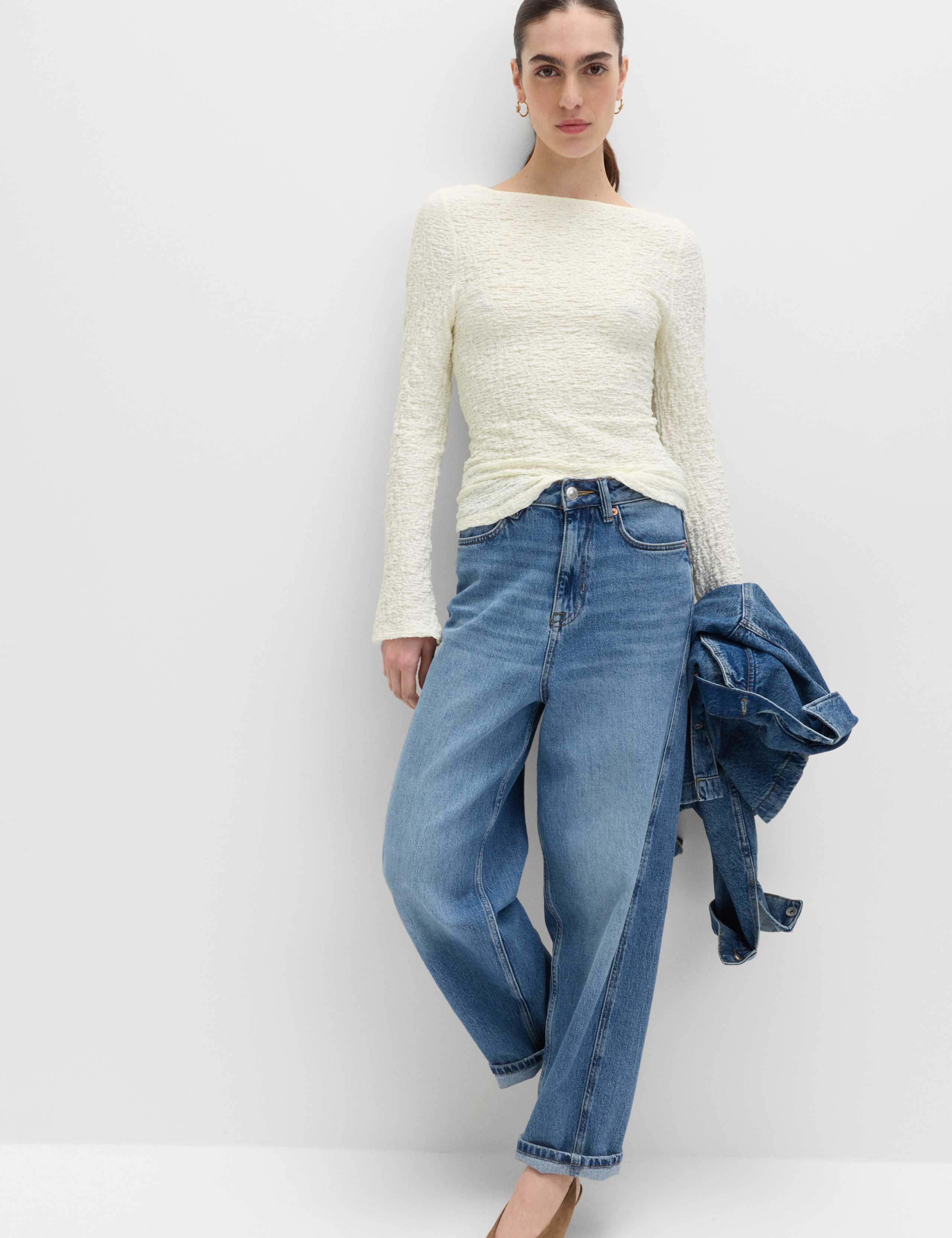 Textured Tie Cuff Long Sleeve Top