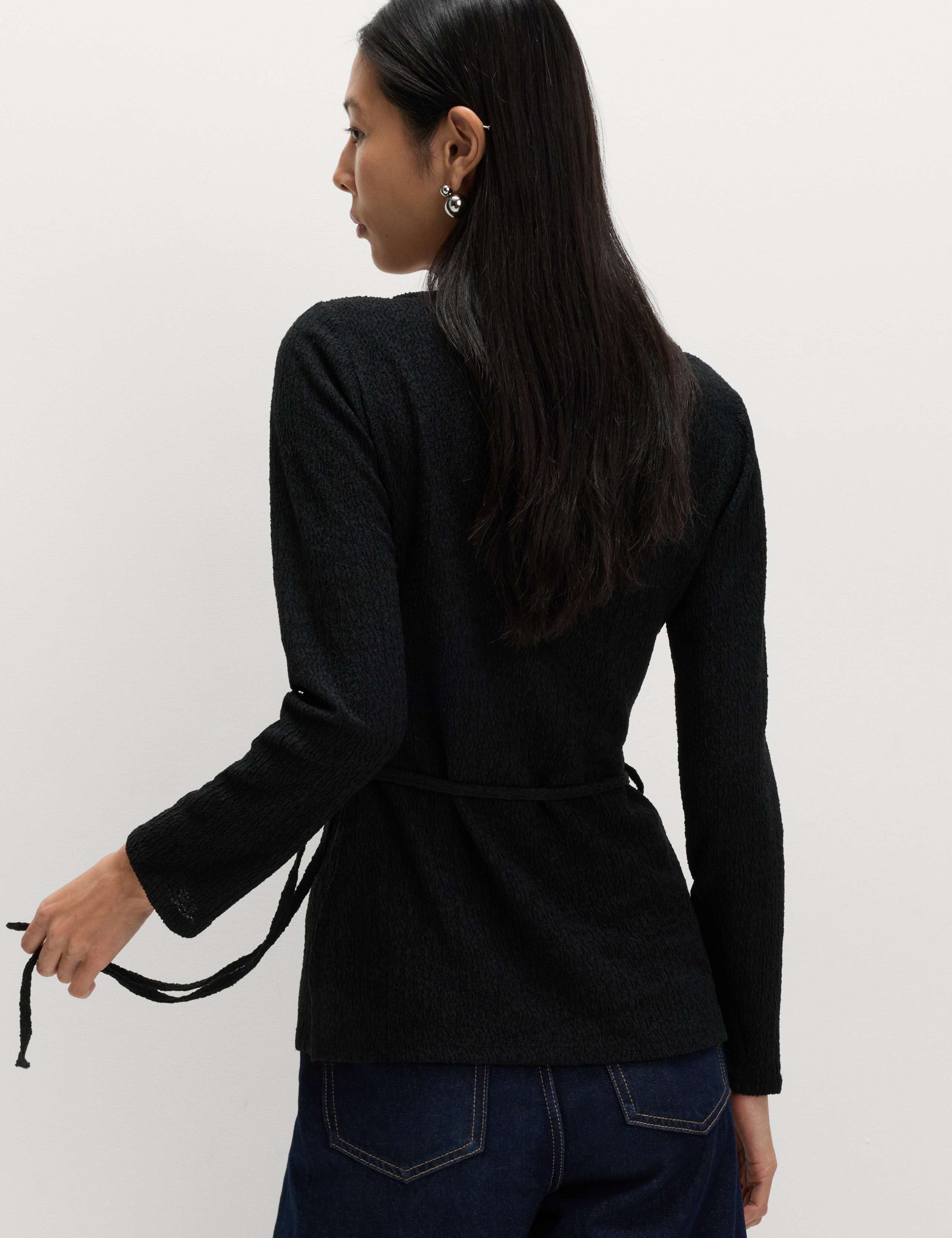 Textured Tie Waist Long Sleeve Top