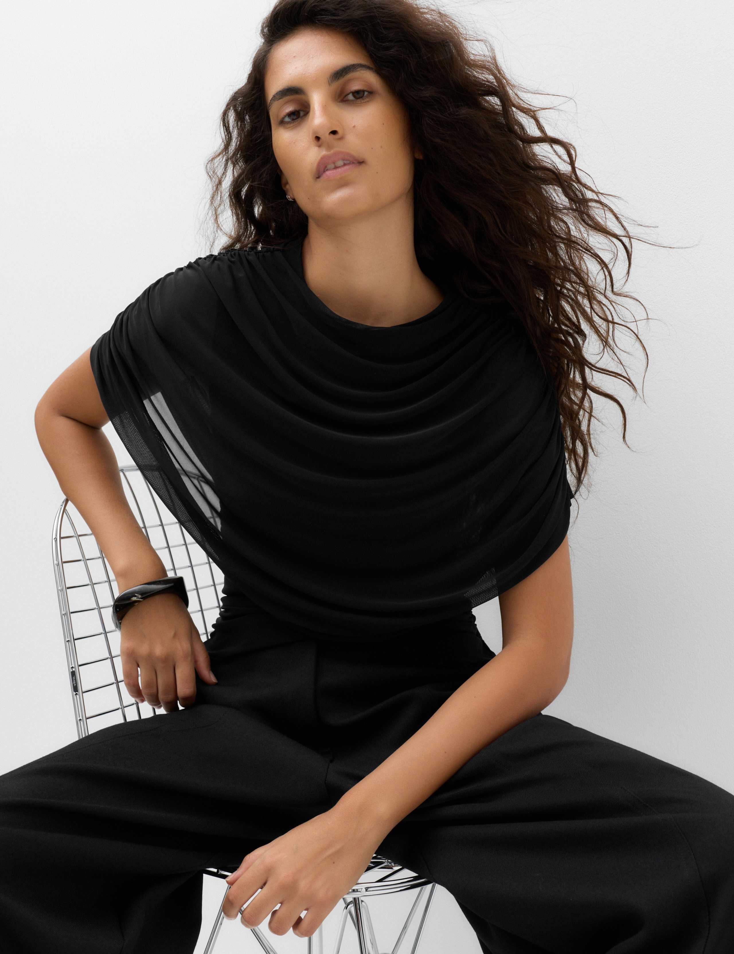 Mesh Draped Crew Neck Top
