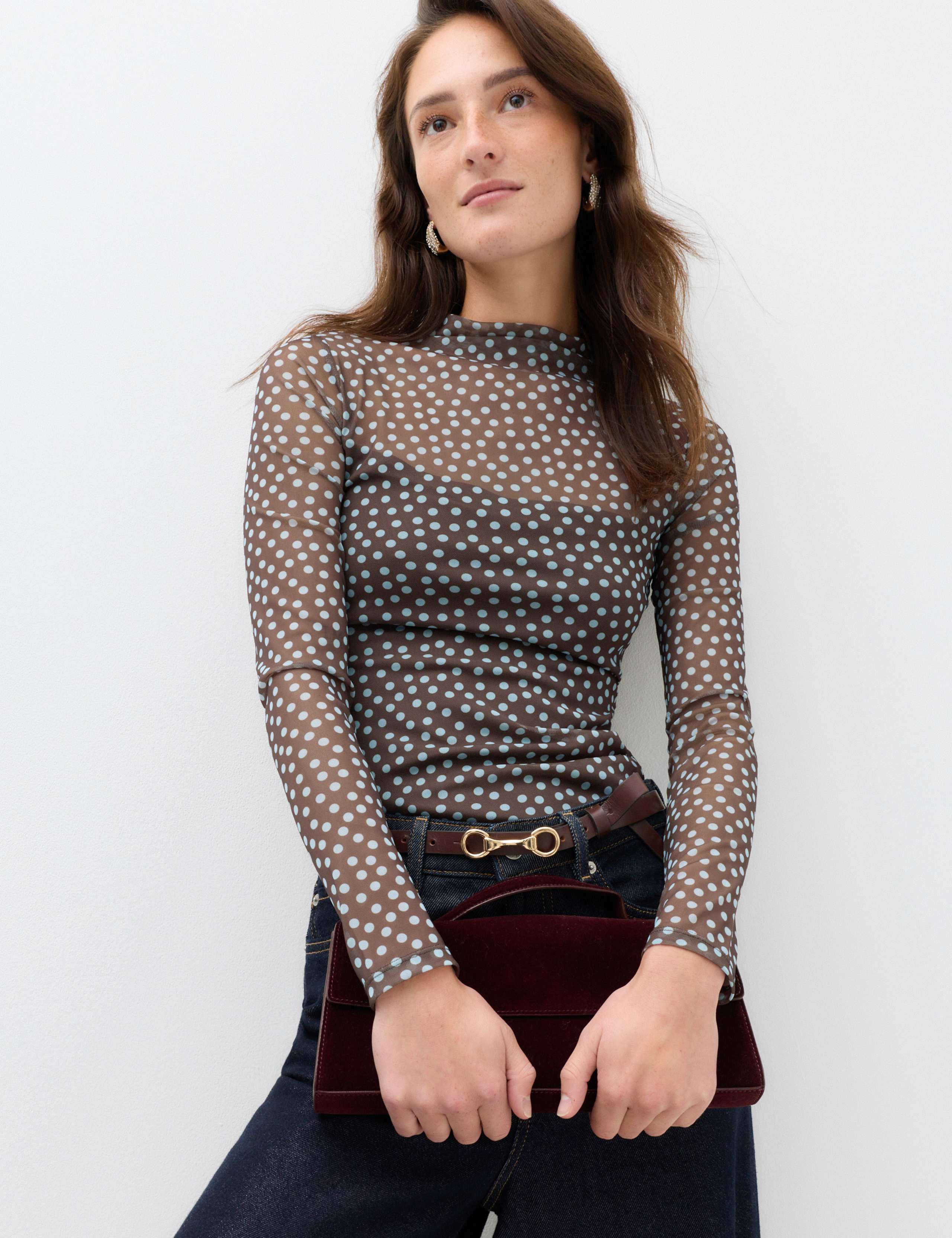 Mesh Jersey Polka Dot High Neck Fitted Top