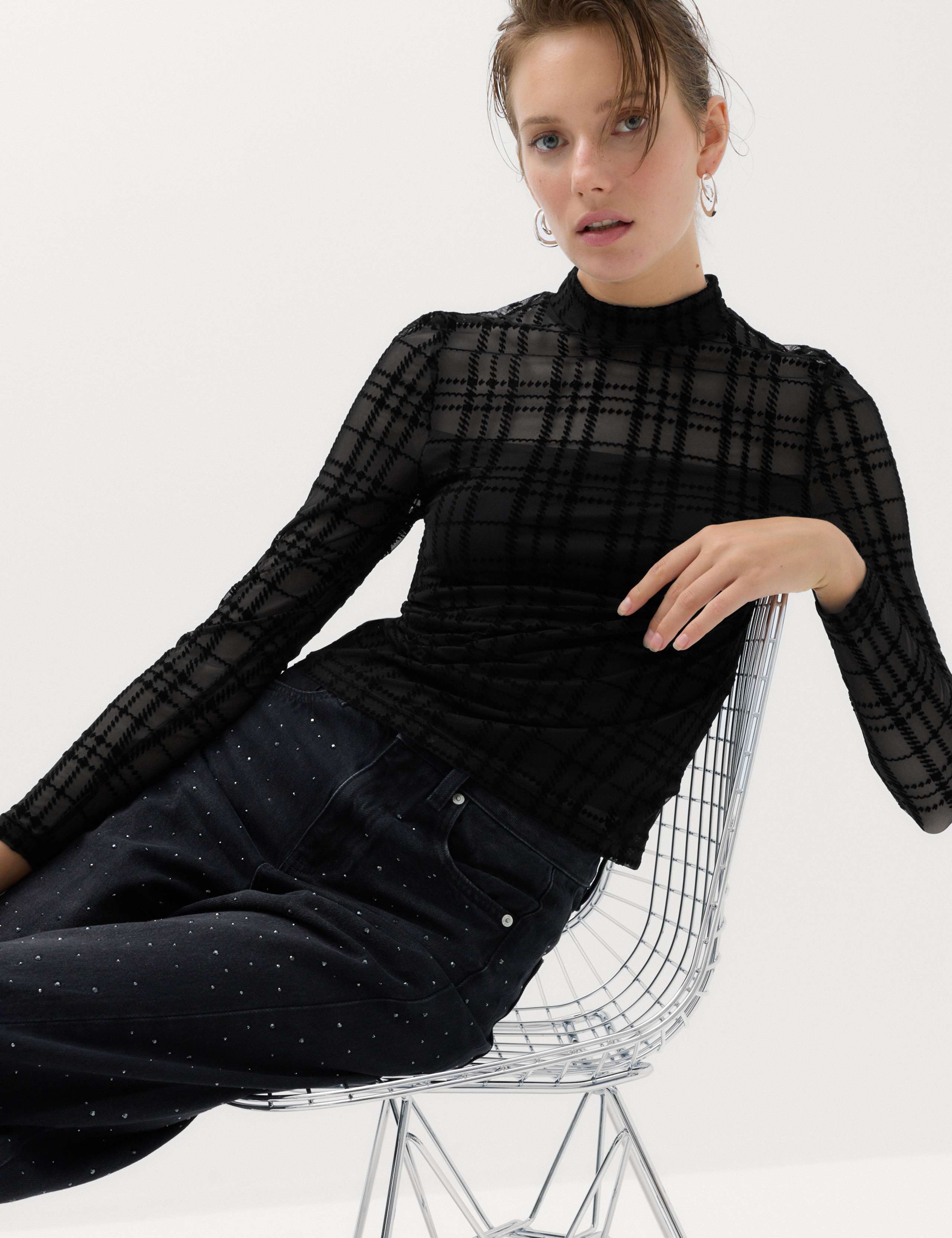 Velvet Mesh Funnel Neck Top