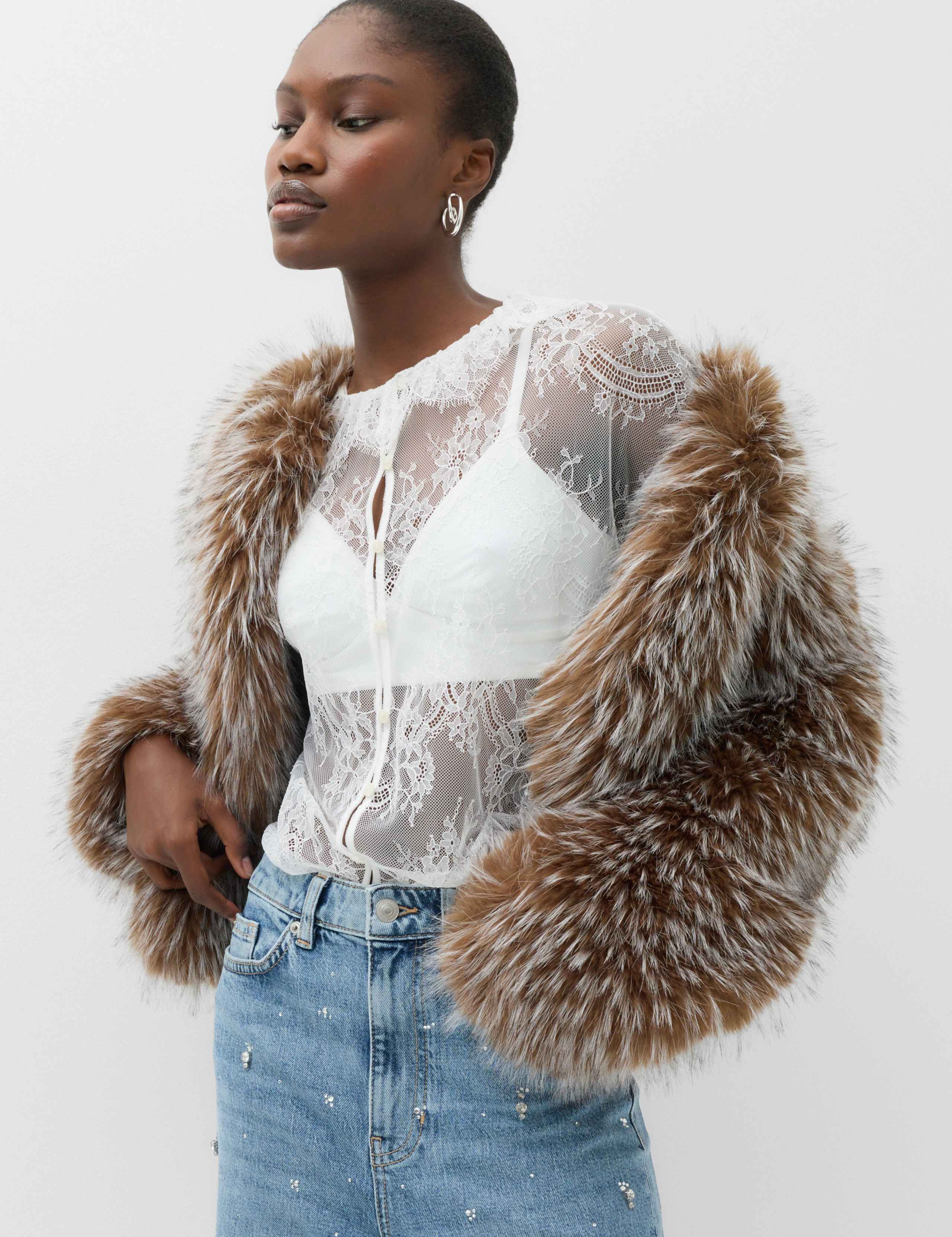 Lace High Neck Tie Detail Long Sleeve Top