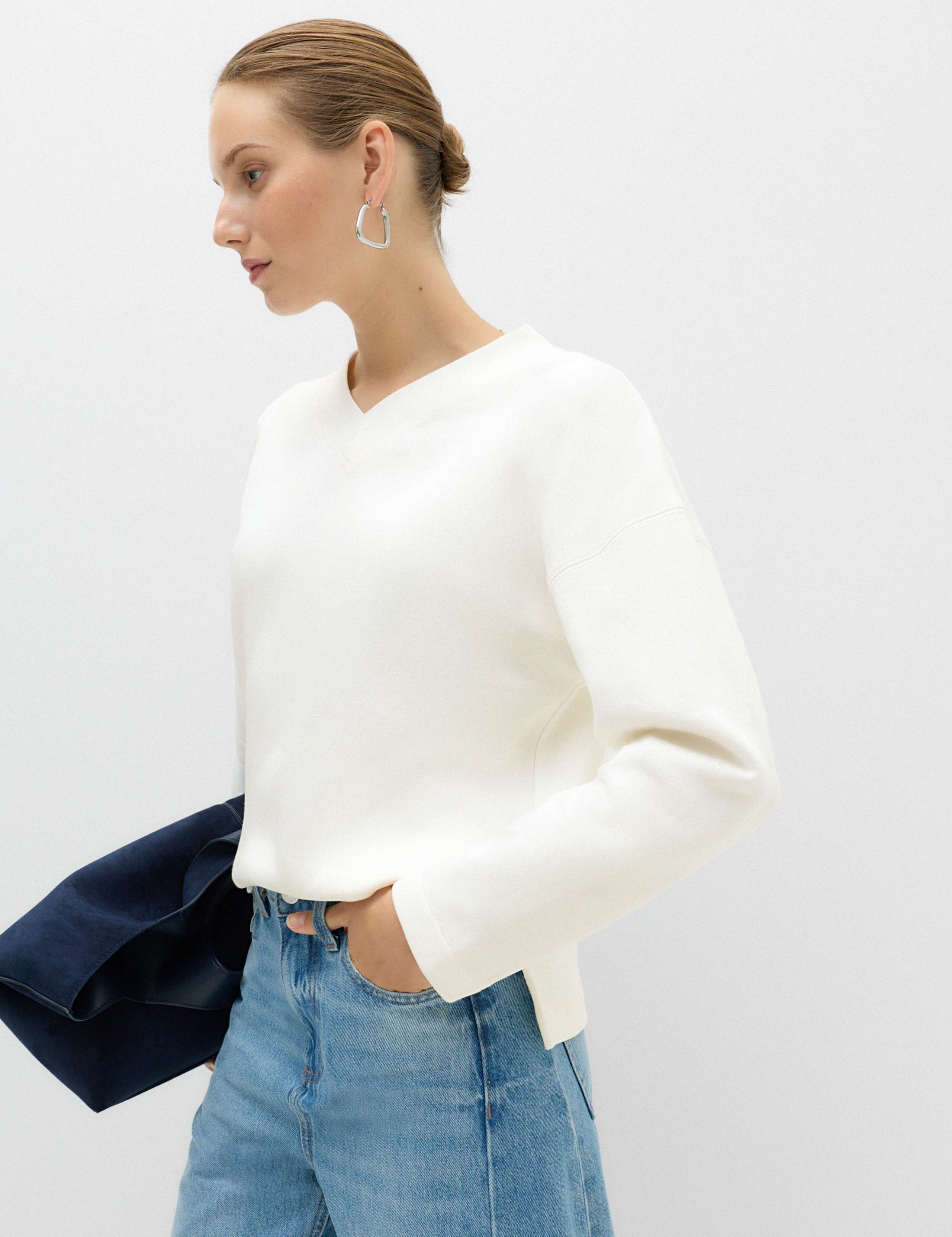 Cotton Rich V Neck Relaxed Sweatshirt