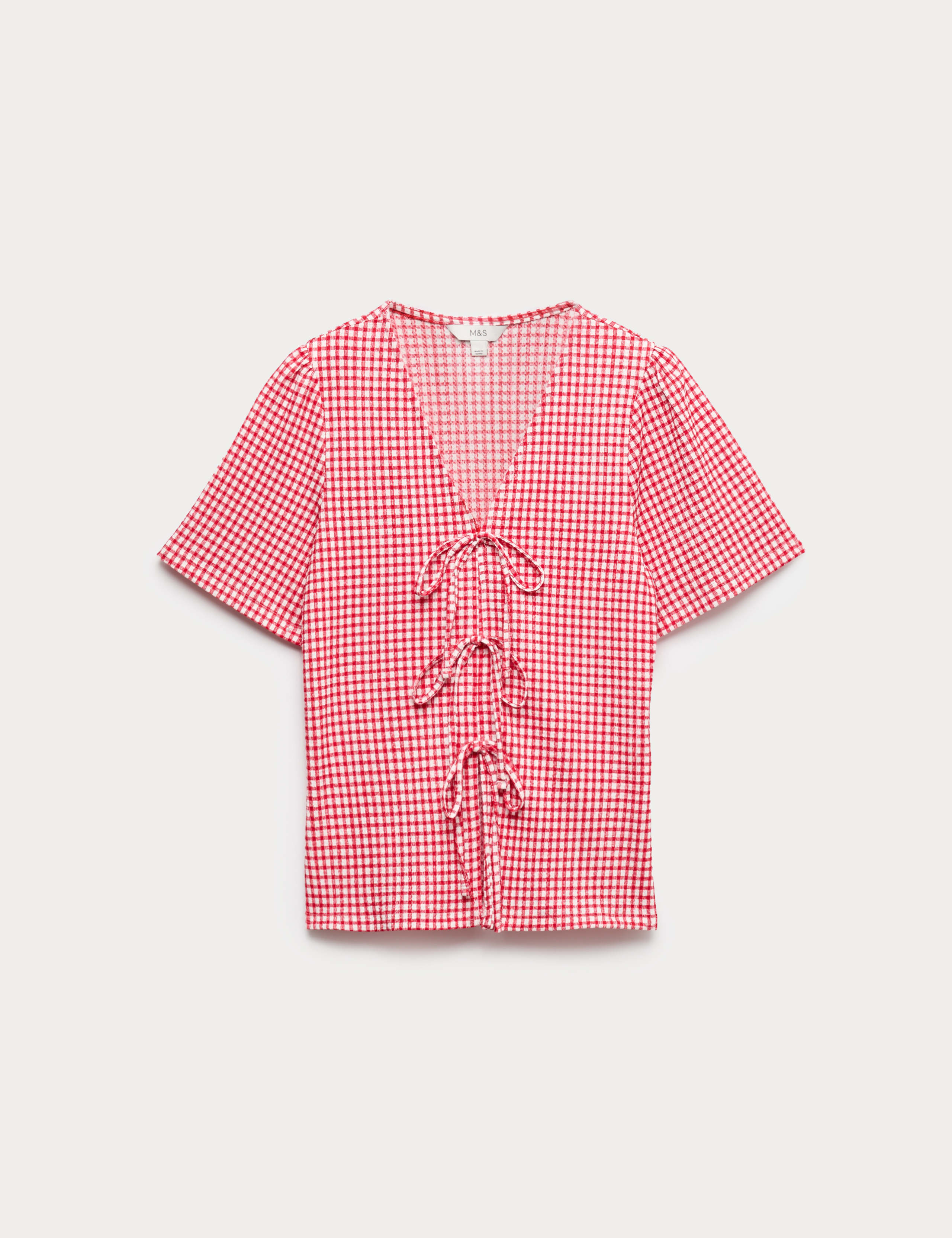 Gingham Textured V-Neck Tie Front Top