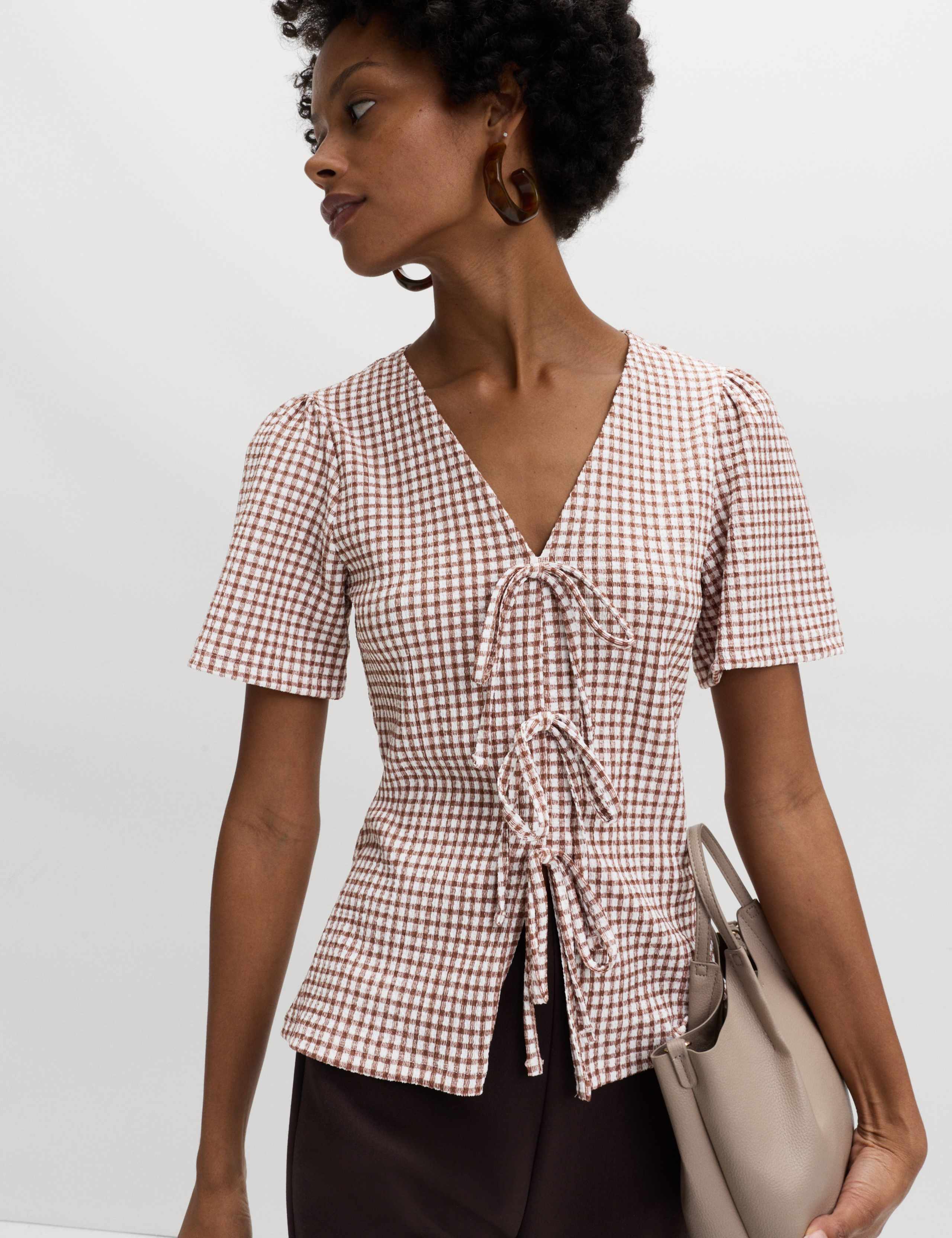 Gingham Textured V-Neck Tie Front Top