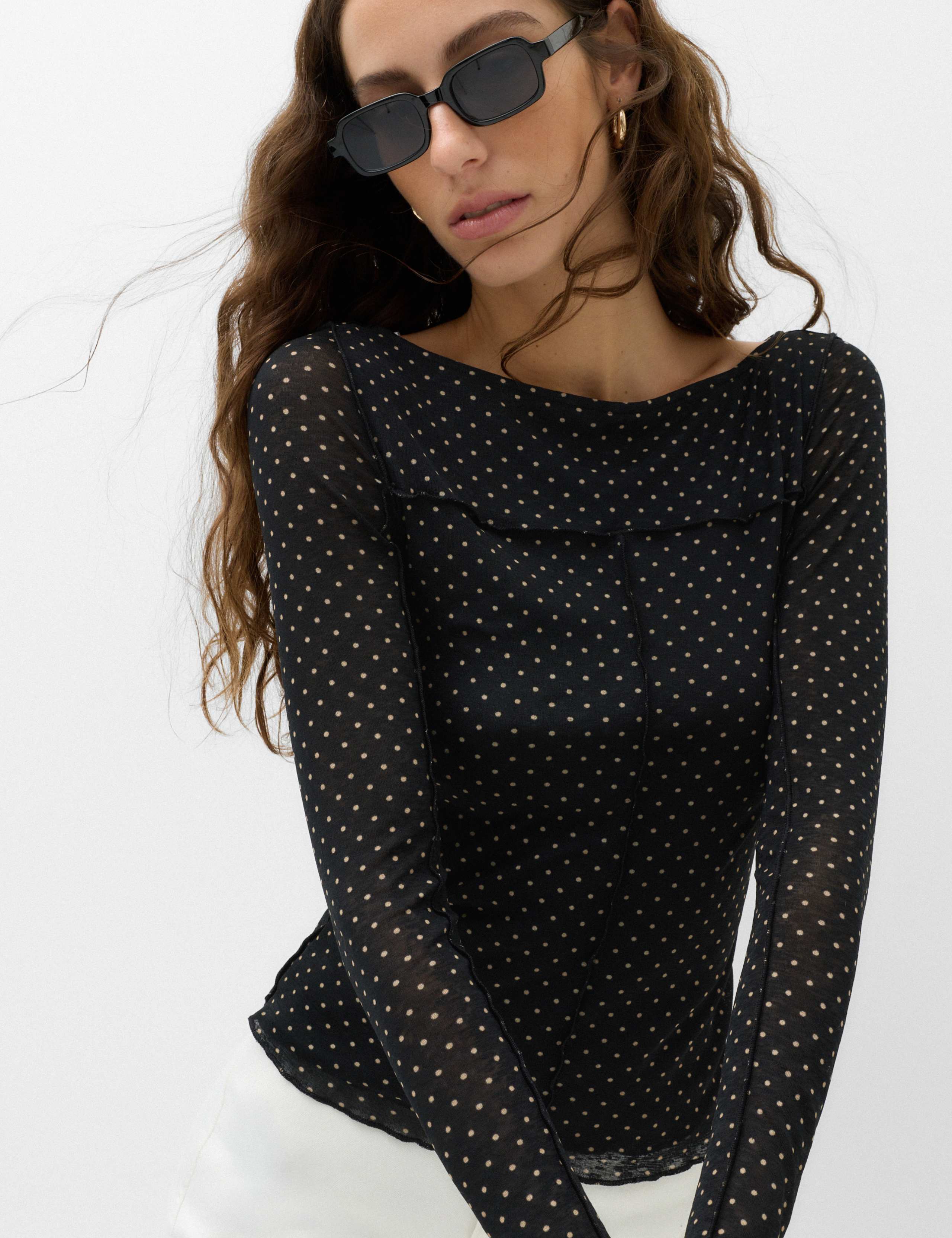 Mesh Jersey Polka Dot Slash Neck Top