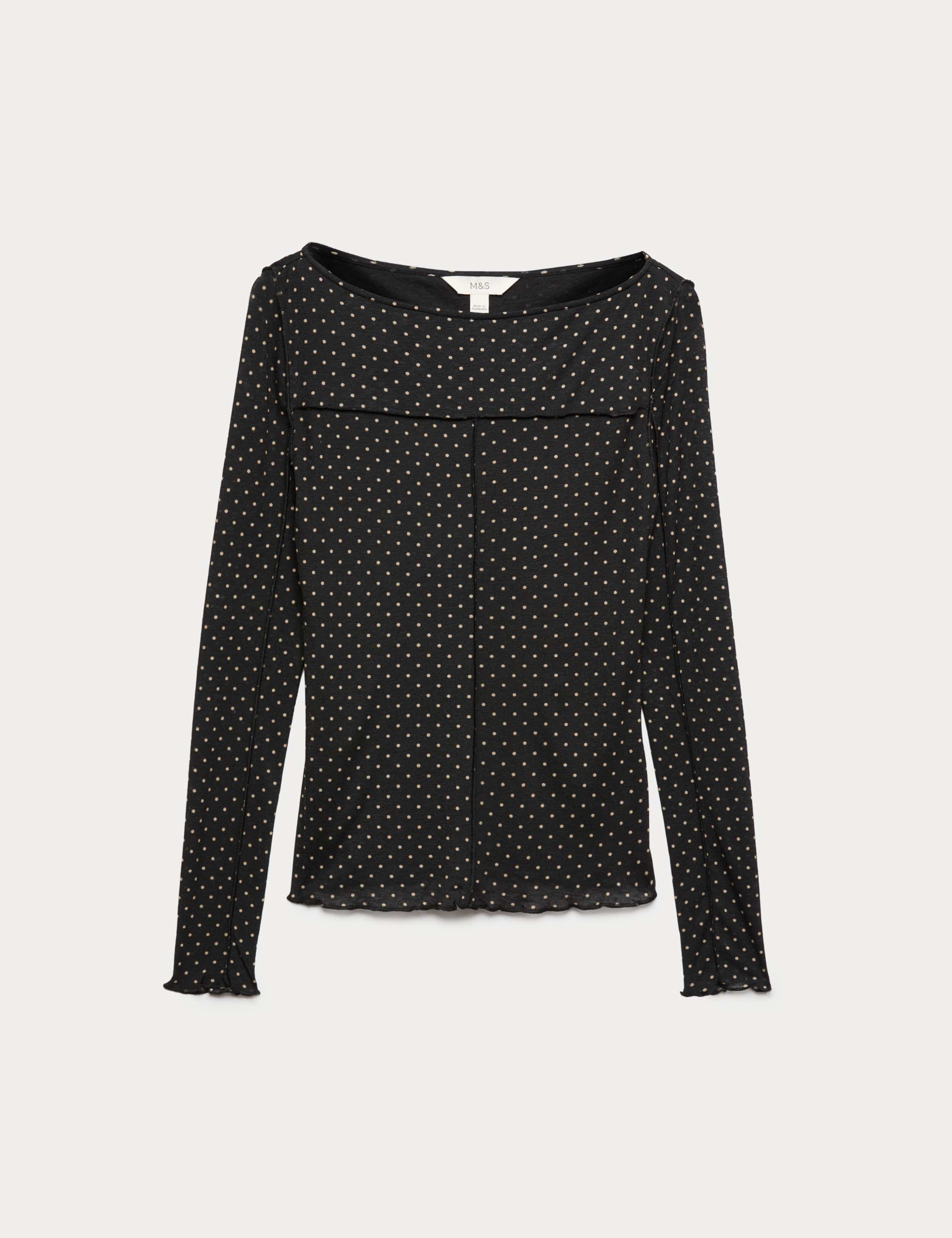 Mesh Jersey Polka Dot Slash Neck Top