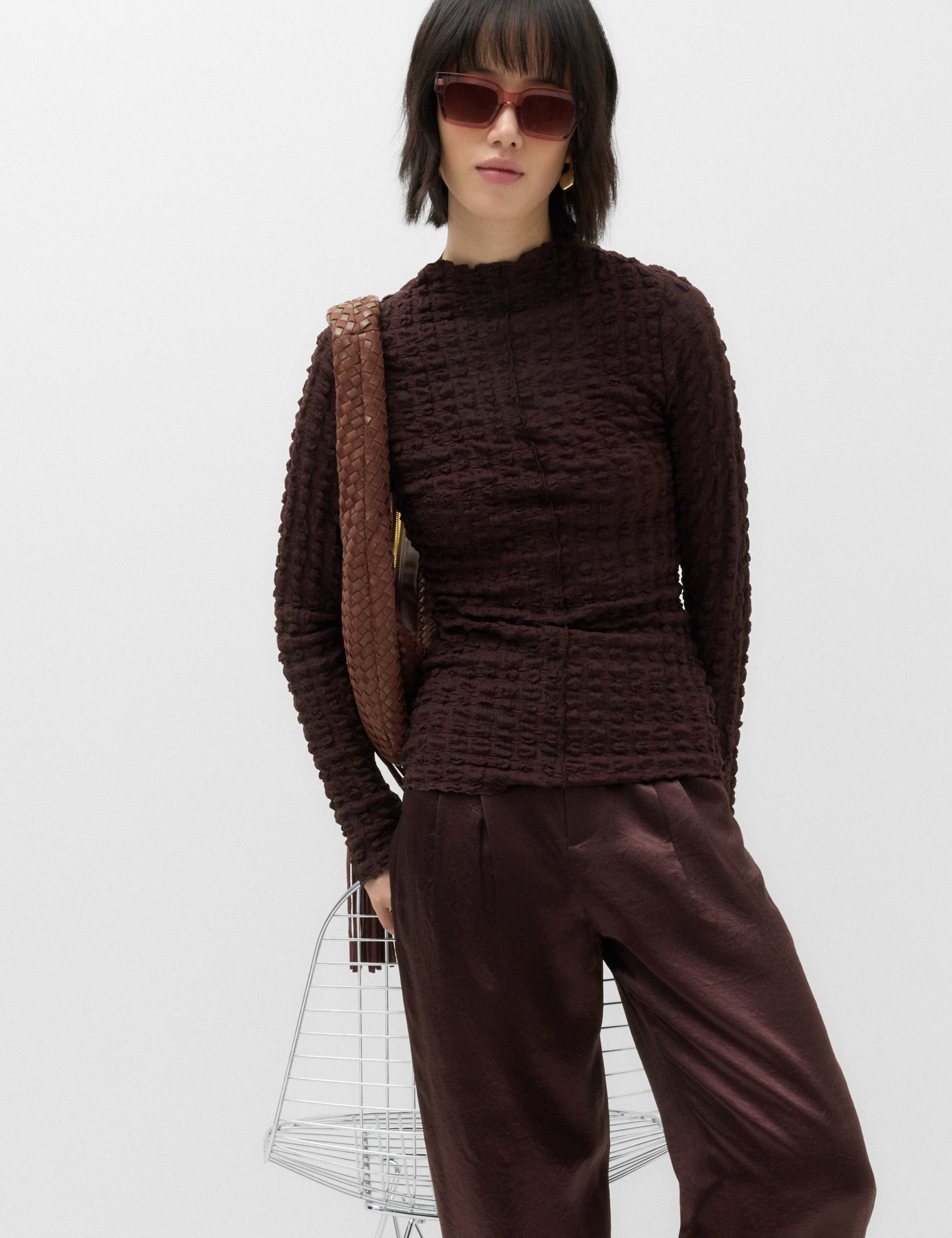 Long Sleeve Funnel Neck Textured Top