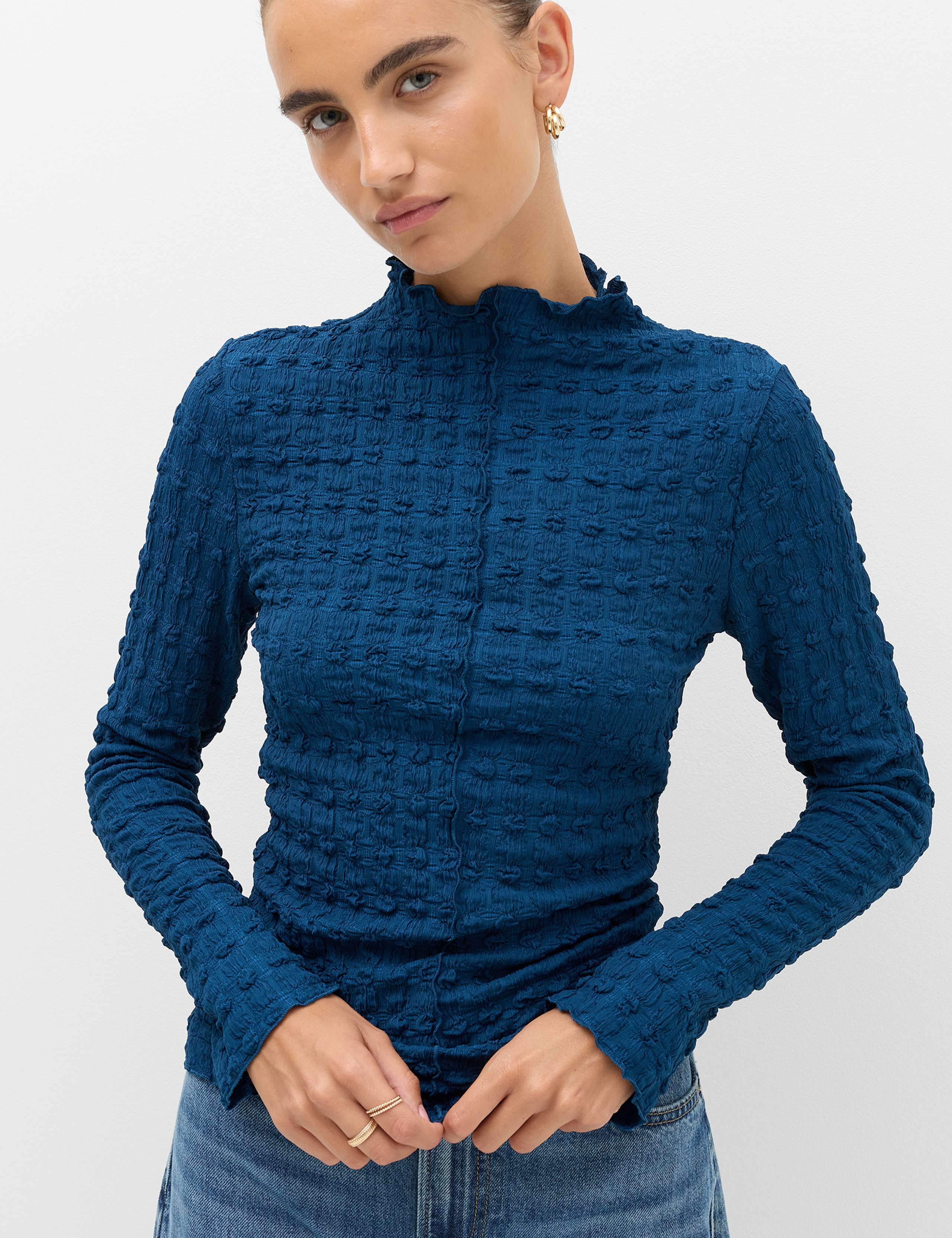 Long Sleeve Funnel Neck Textured Top