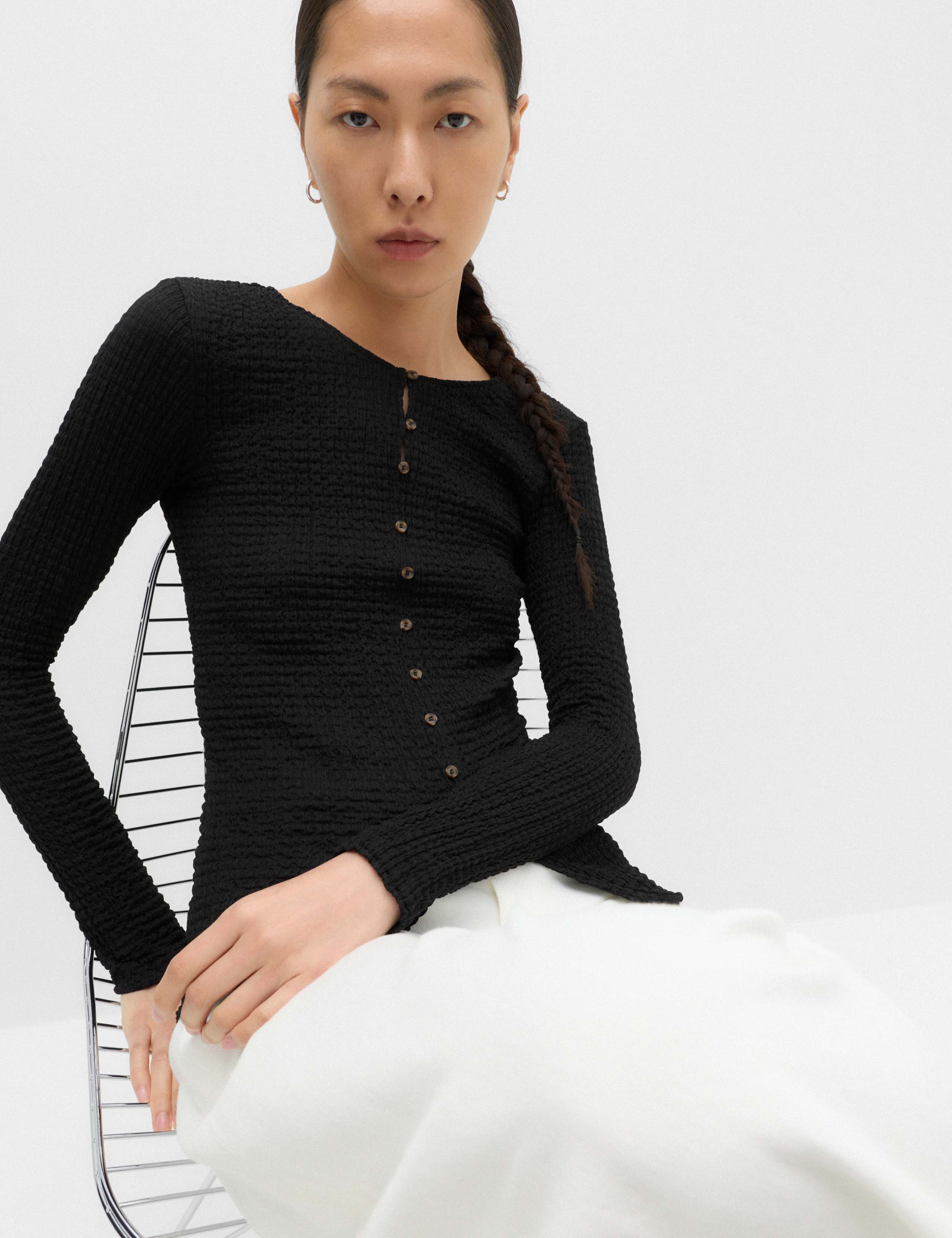Textured Button Detail Long Sleeve Top