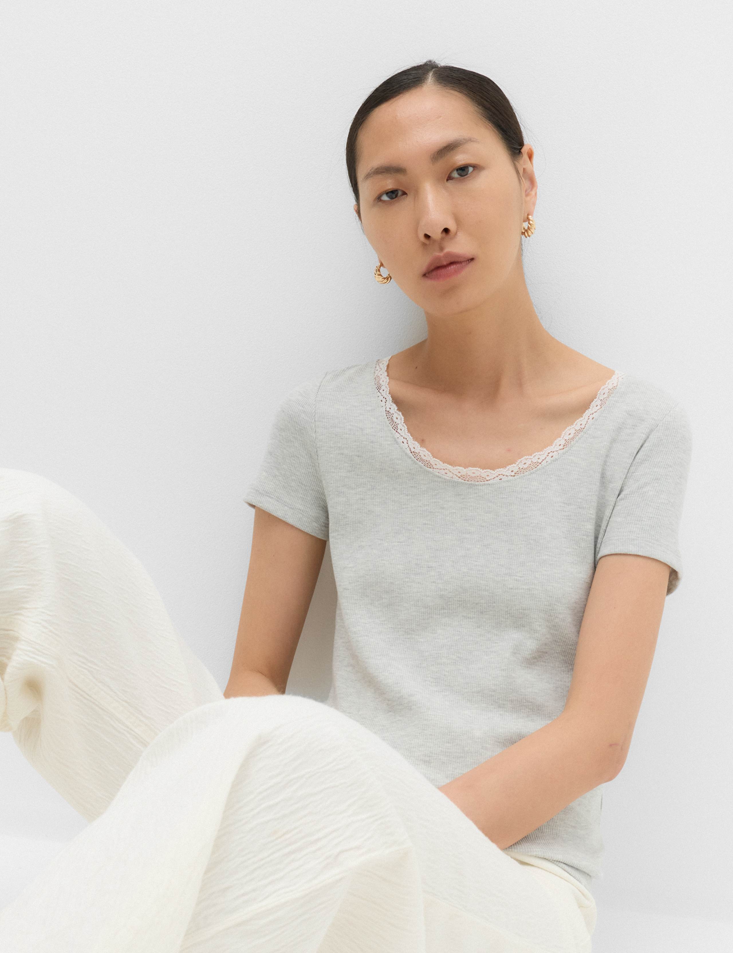 Ribbed Lace Scoop Neck Short Sleeve Top