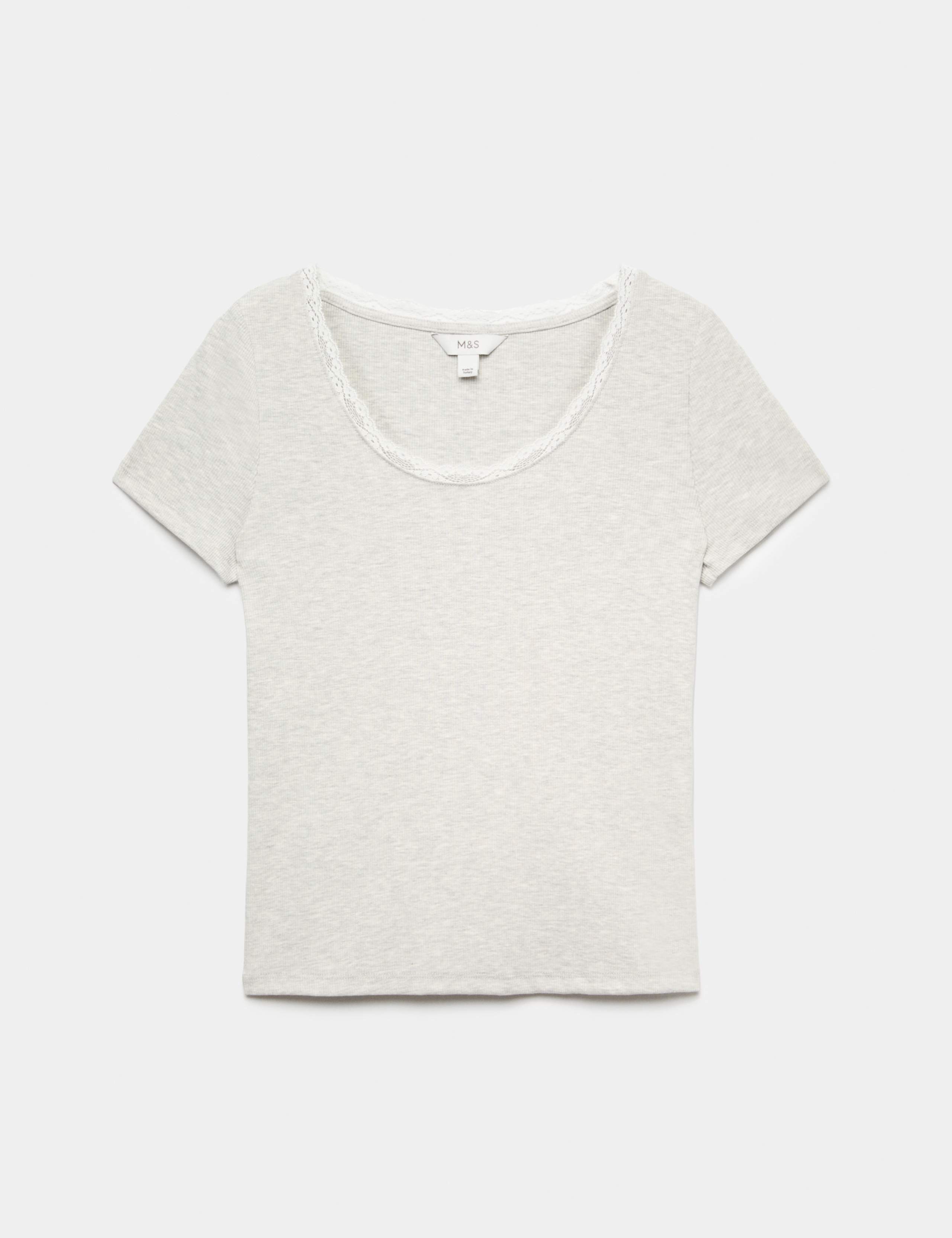 Ribbed Lace Scoop Neck Short Sleeve Top