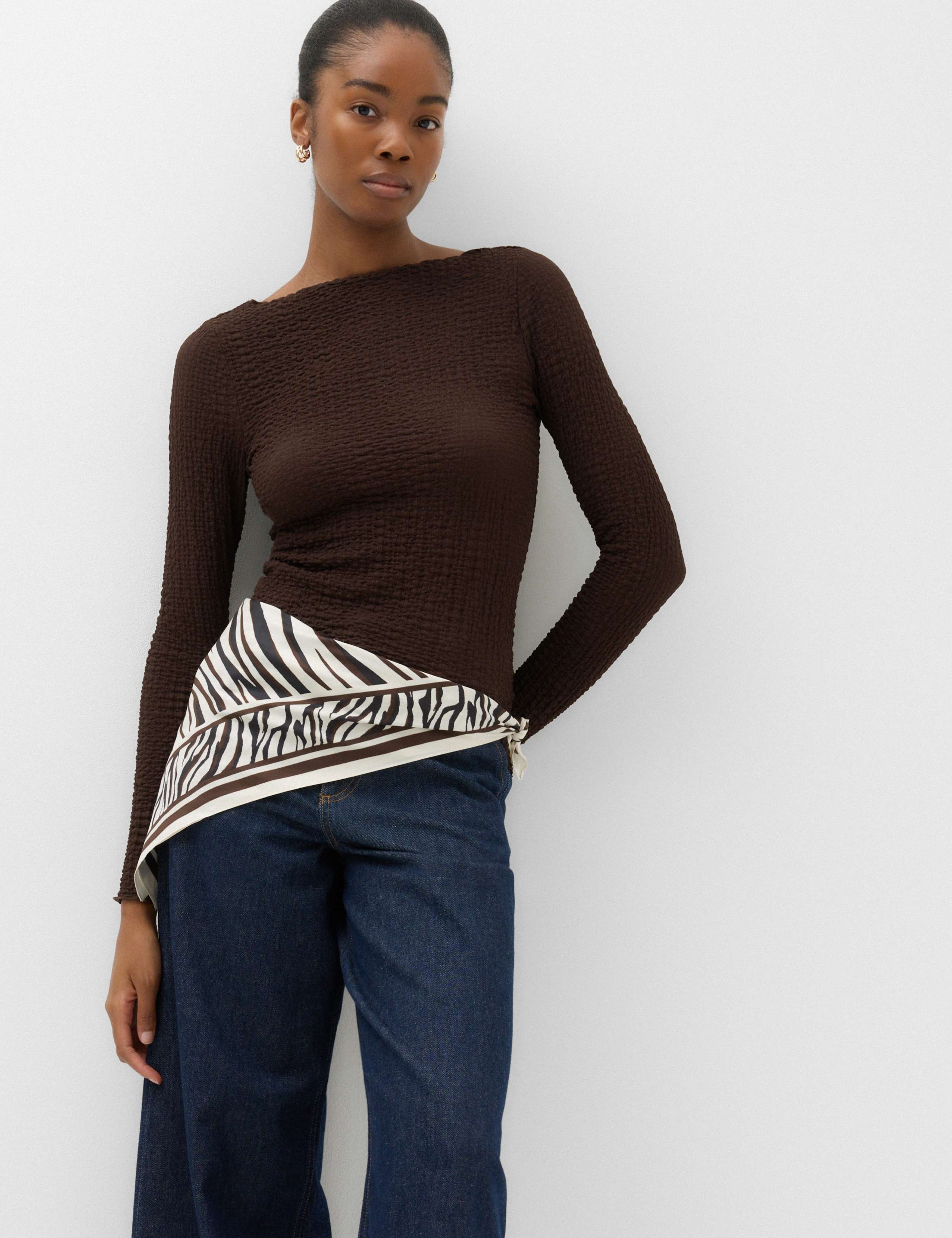 Slash Neck Textured Long Sleeve Top