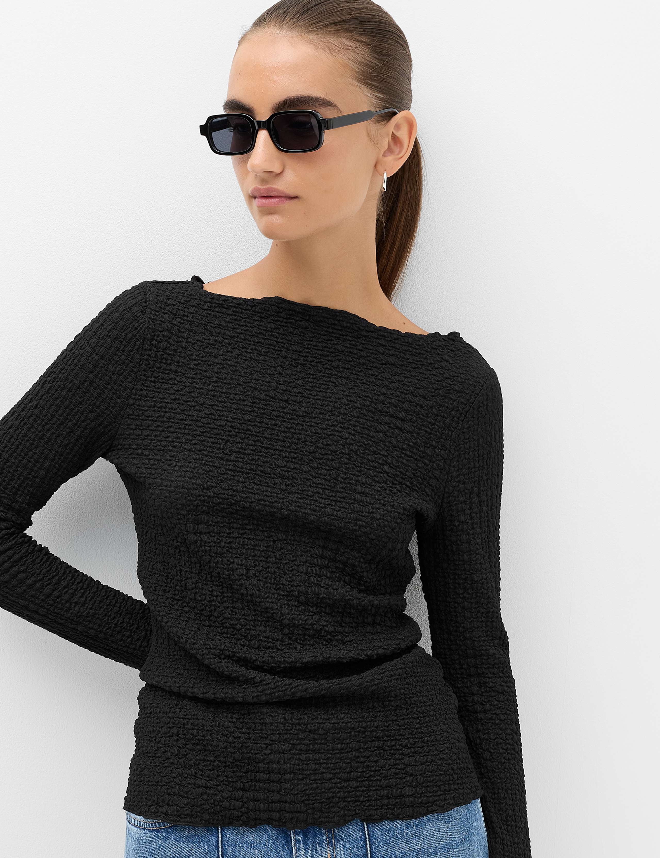 Slash Neck Textured Long Sleeve Top