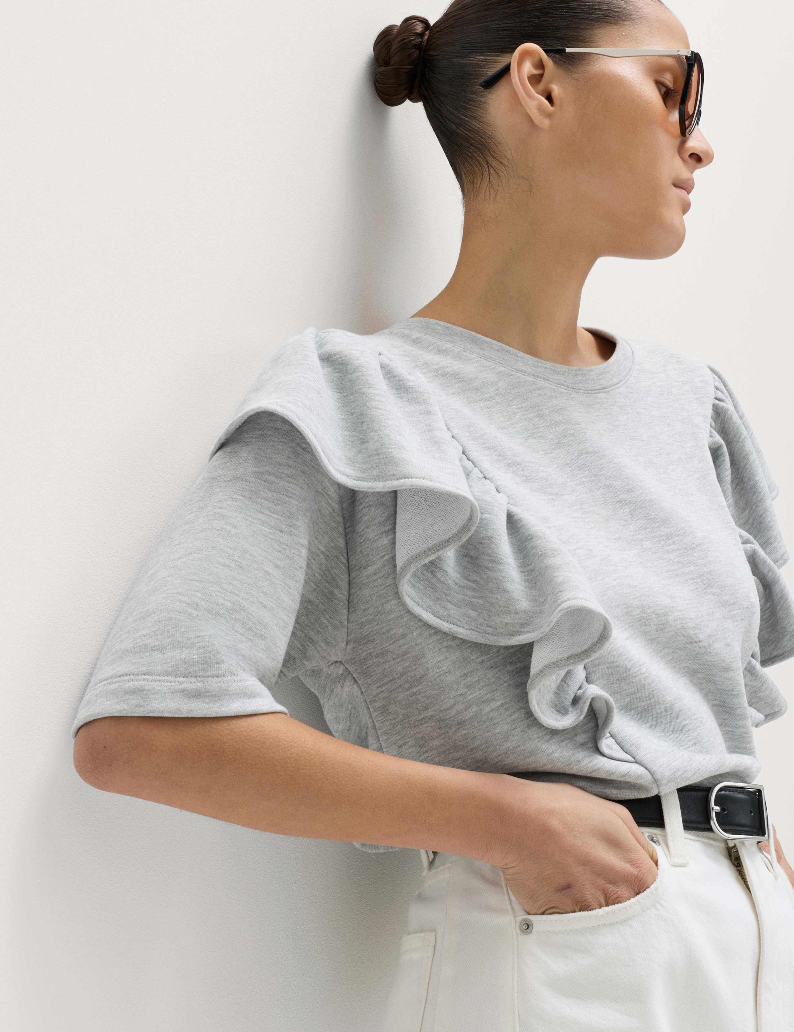 Cotton Blend Short Sleeve Frill Sweatshirt