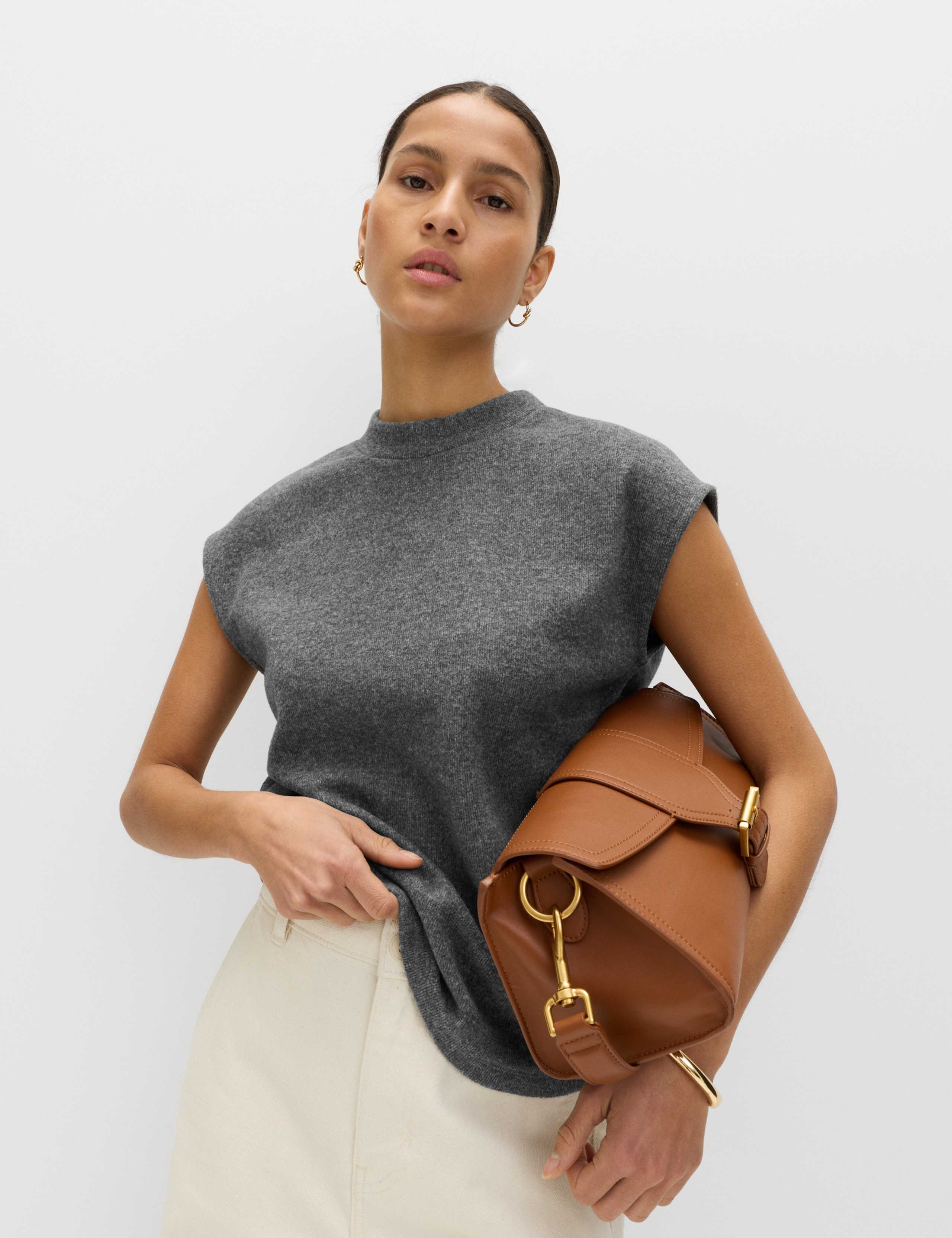 Cotton Blend Knit Look Mock Neck Top