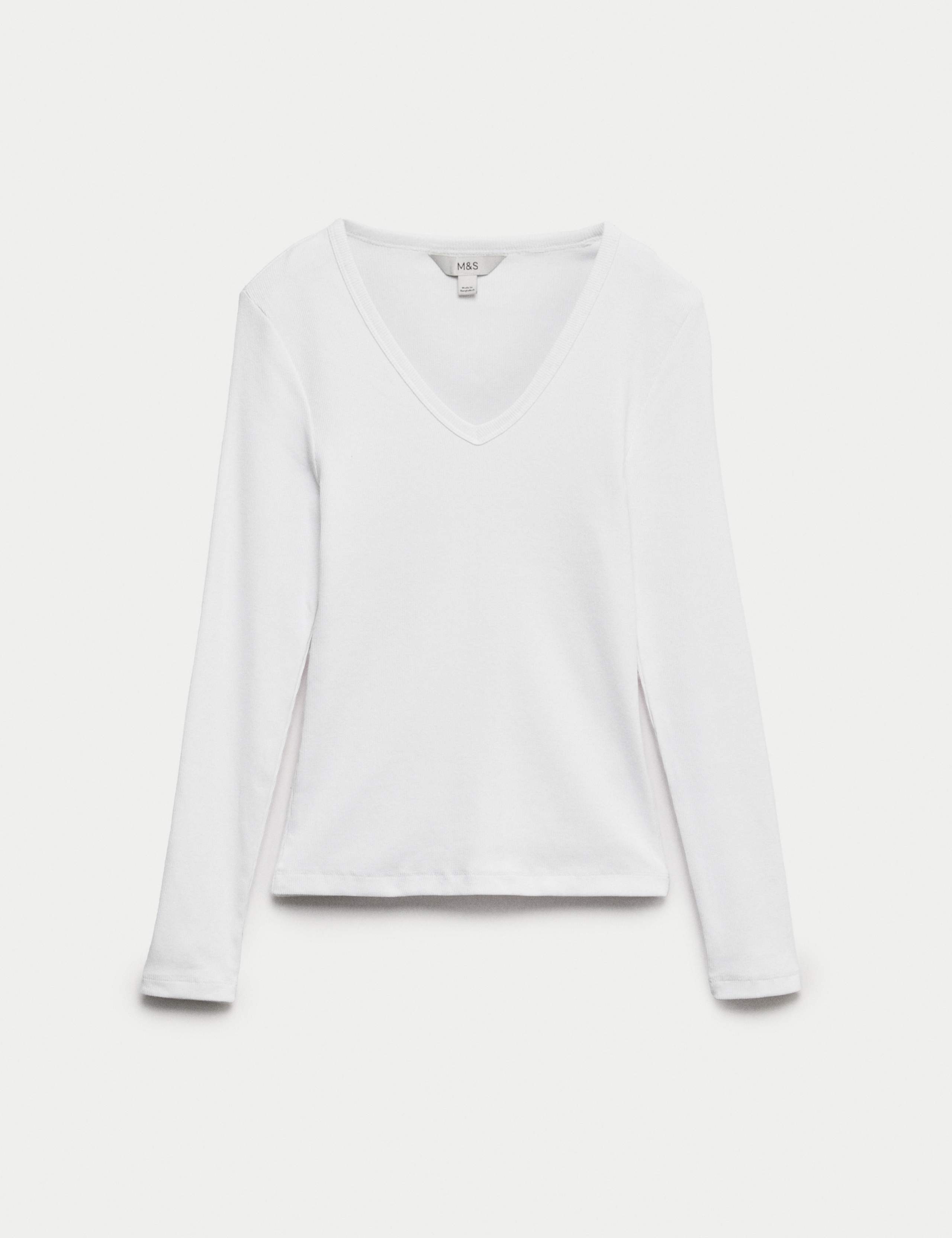 Cotton Rich Ribbed Plain V-Neck Slim Fit Top