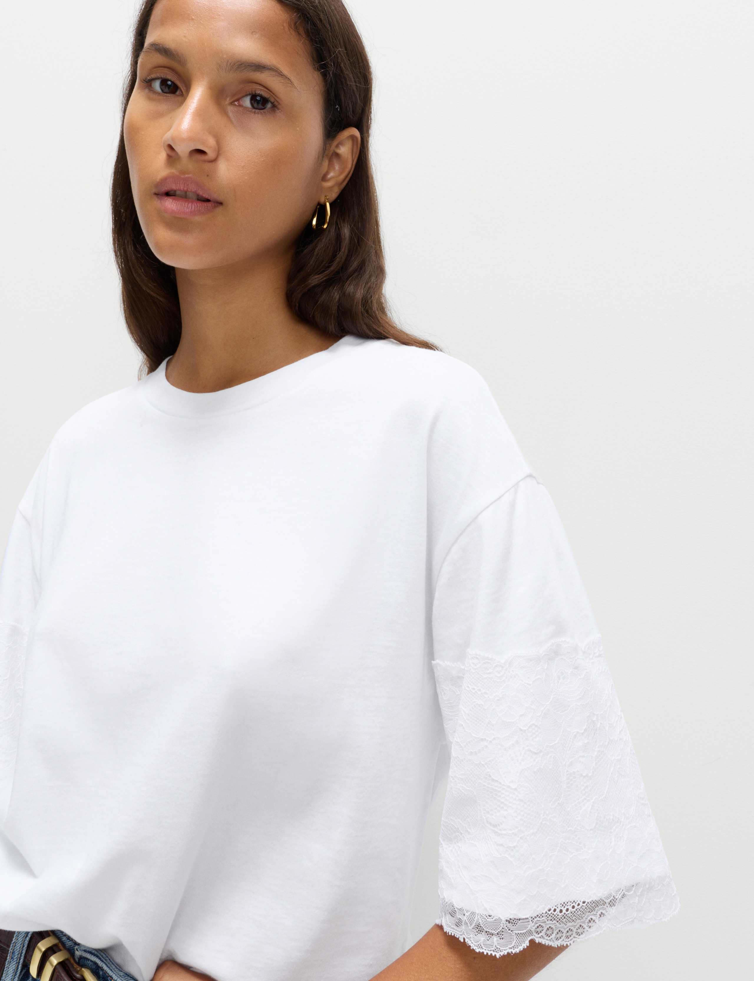 Pure Cotton Lace Sleeve T-Shirt