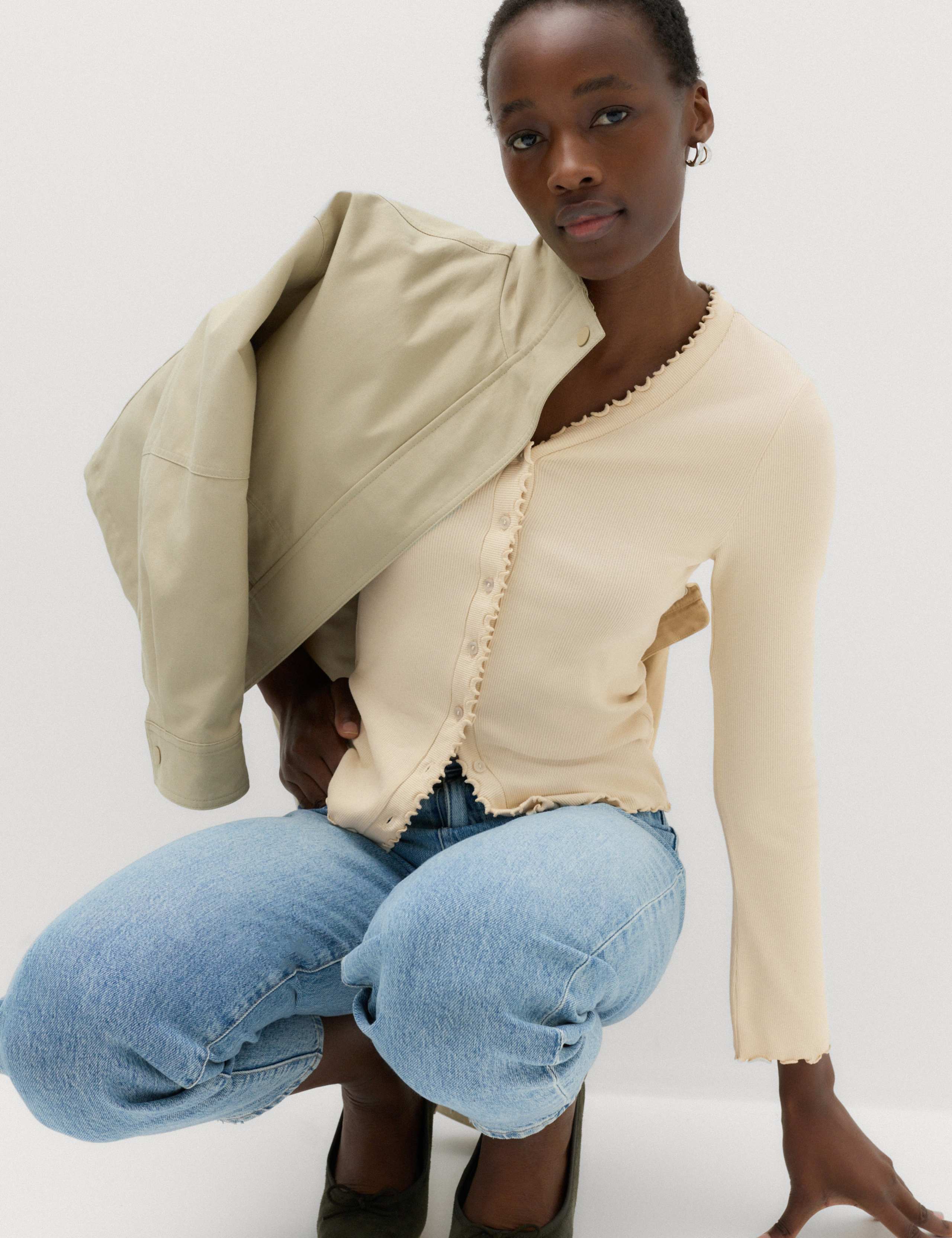 Cotton Rich V-Neck Buttoned Top